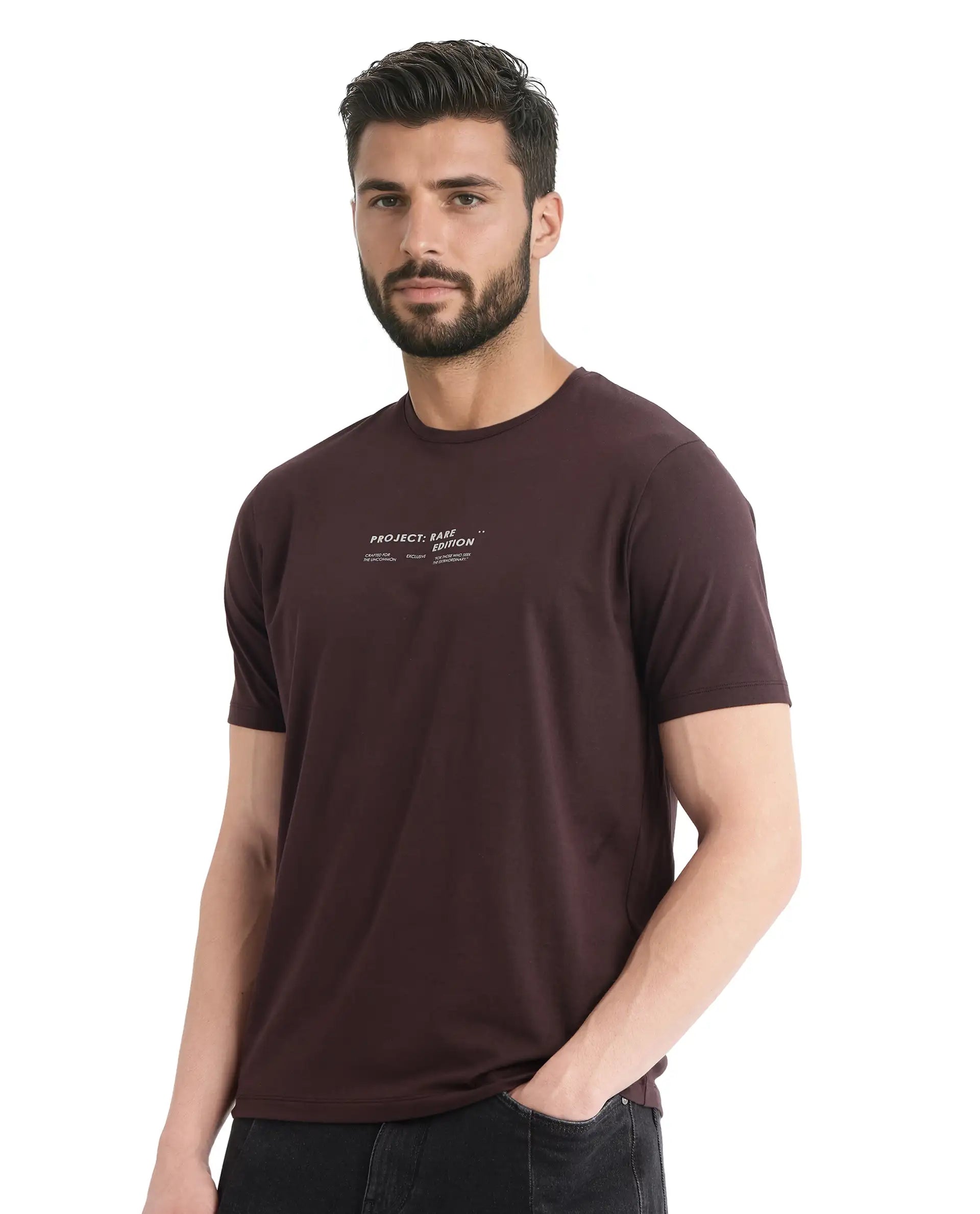 Rare Rabbit Men Yolt Brown Cotton Blend Fabric Short Sleeve Crew Neck Regular Fit HD Print T-Shirt