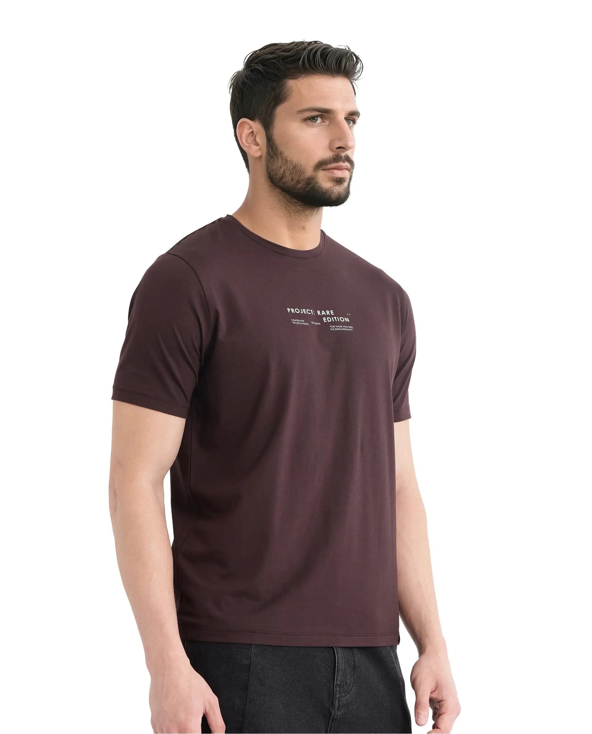 Rare Rabbit Men Yolt Brown Cotton Blend Fabric Short Sleeve Crew Neck Regular Fit HD Print T-Shirt