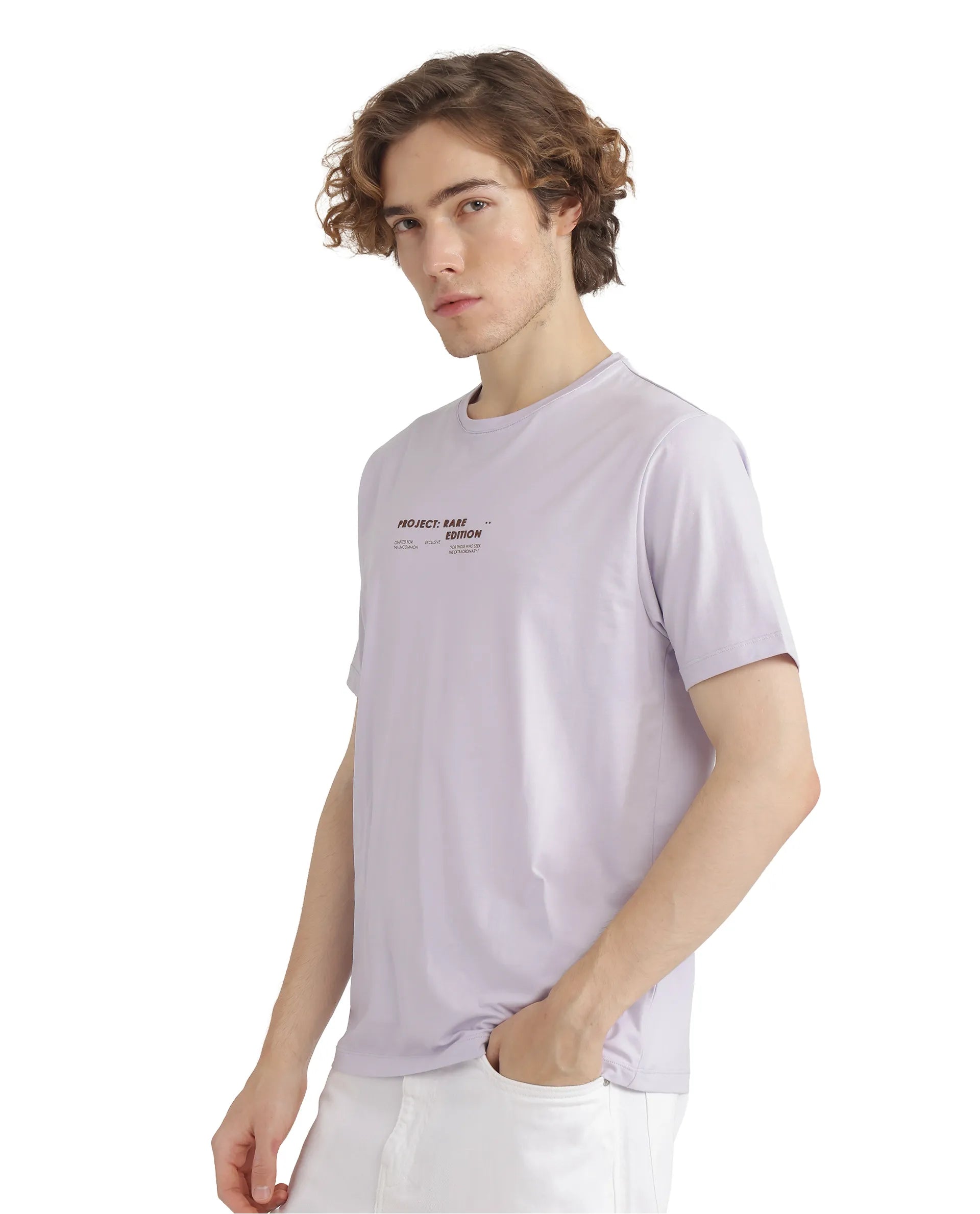 Rare Rabbit Men Yolt Pastel Purple Cotton Blend Fabric Short Sleeve Crew Neck Hd Print T-Shirt