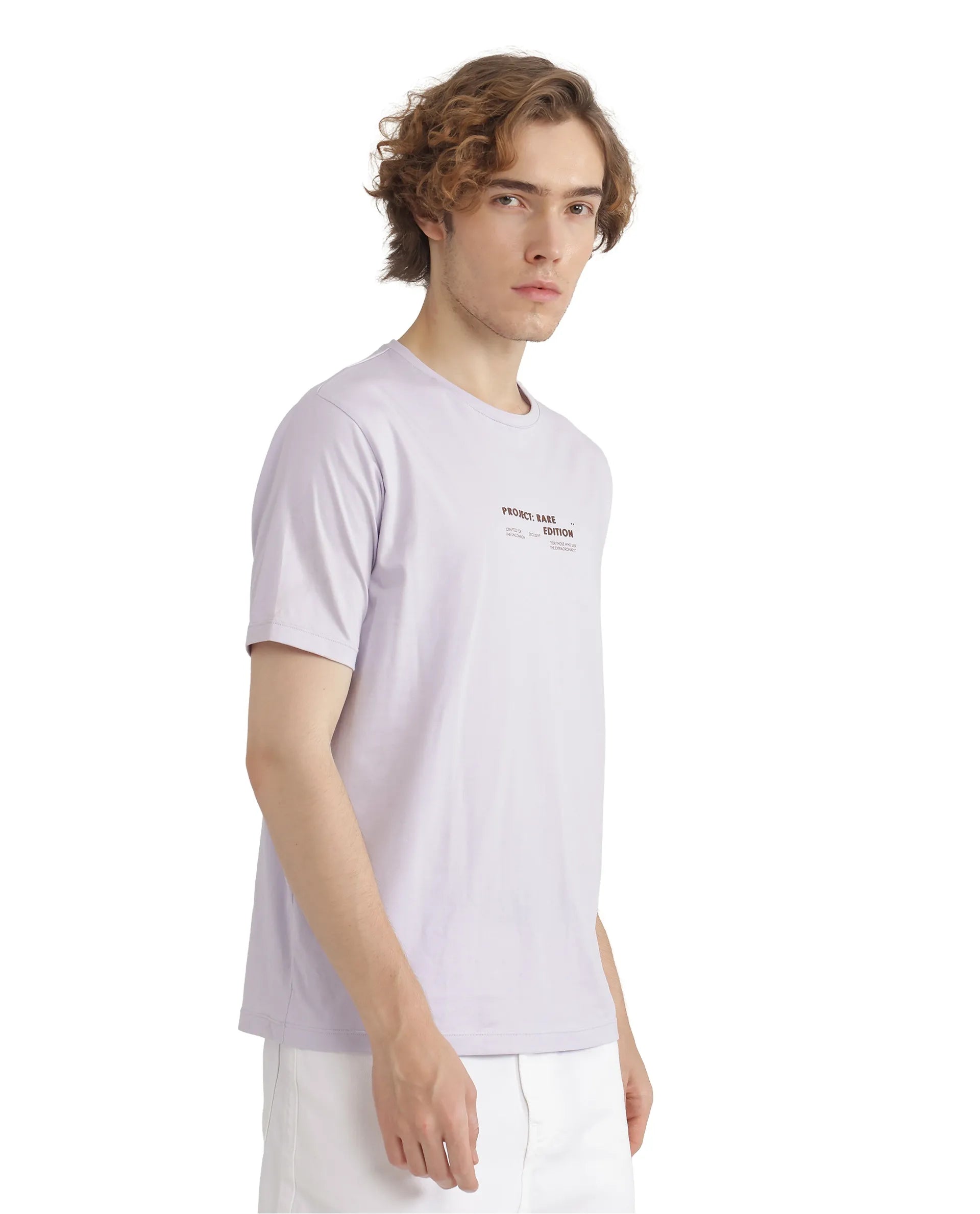 Rare Rabbit Men Yolt Pastel Purple Cotton Blend Fabric Short Sleeve Crew Neck Hd Print T-Shirt