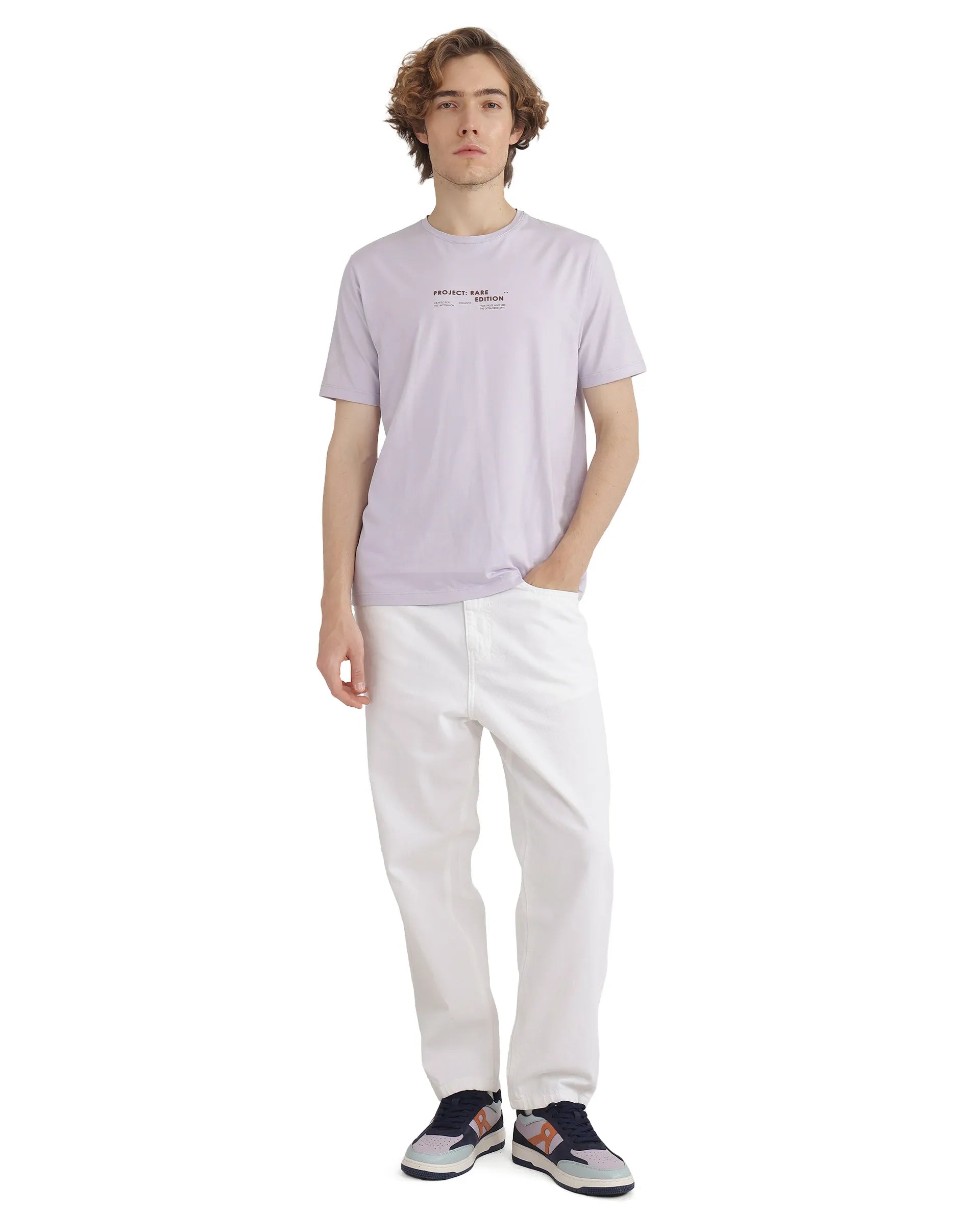 Rare Rabbit Men Yolt Pastel Purple Cotton Blend Fabric Short Sleeve Crew Neck Hd Print T-Shirt