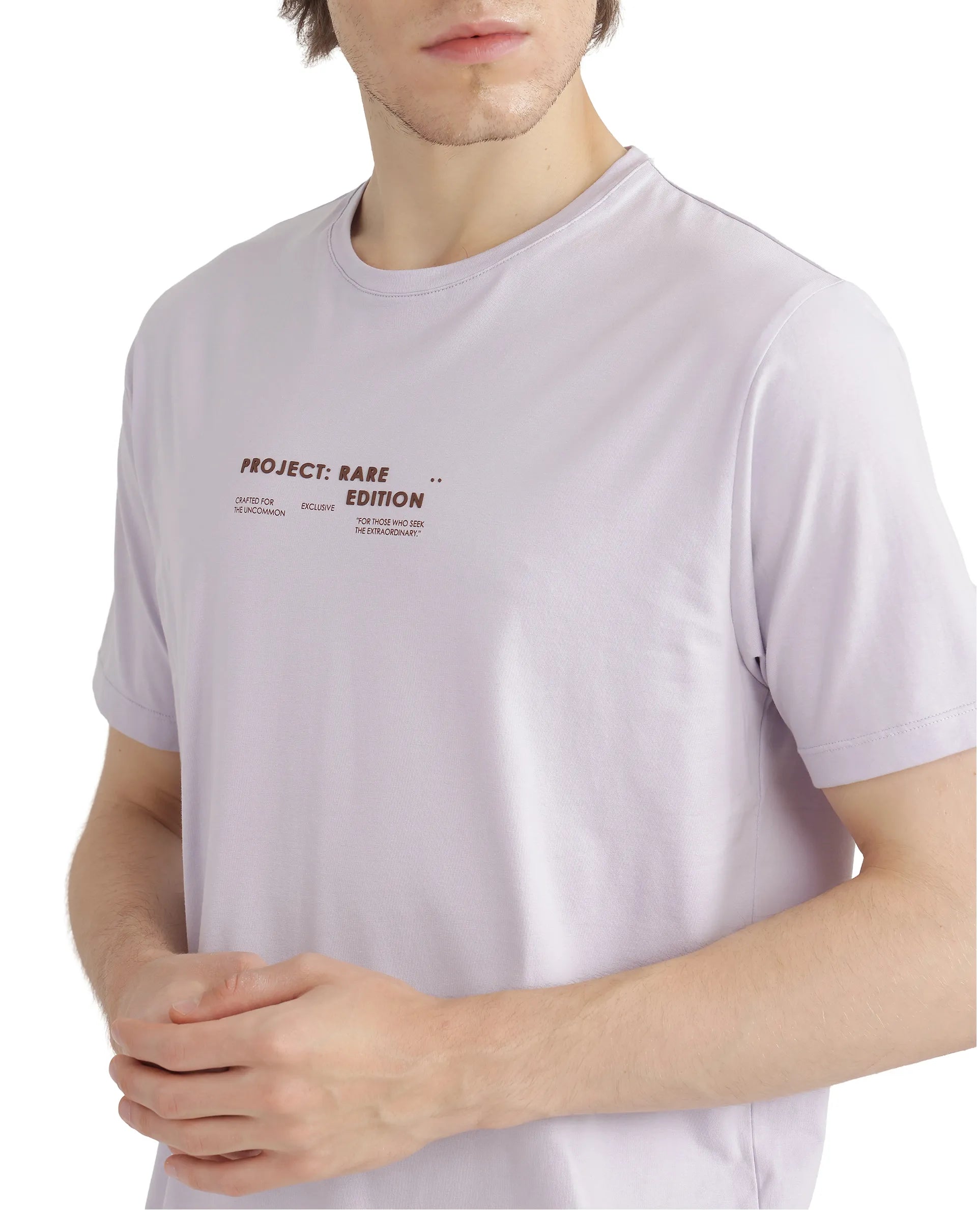 Rare Rabbit Men Yolt Pastel Purple Cotton Blend Fabric Short Sleeve Crew Neck Hd Print T-Shirt