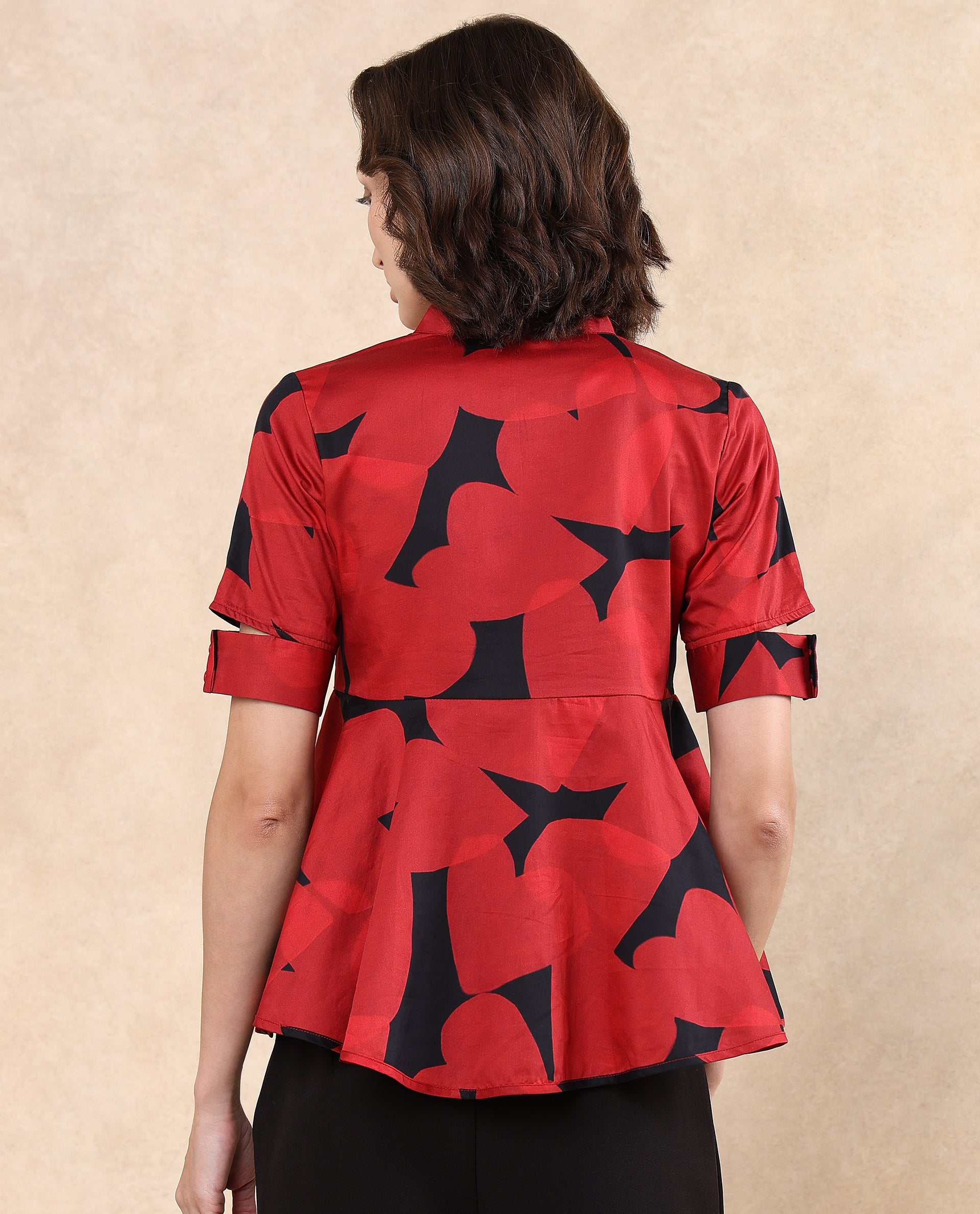 Rareism Women Yoplopi Black Cotton Satin Fabric Cutout Sleeve Lapel Neck A-Line Fit Abstract Print Top