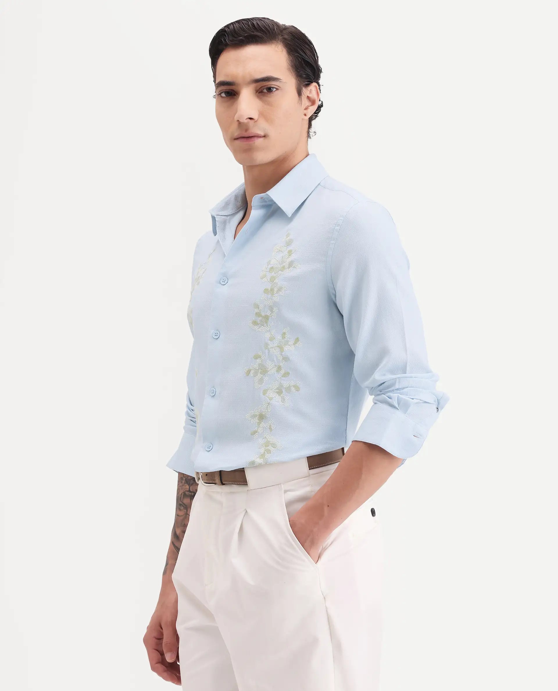 Rare Rabbit Men's Yorp Light Blue Cotton Fabric Full Sleeve Spread Collar Regular Fit Embroidered Shirt