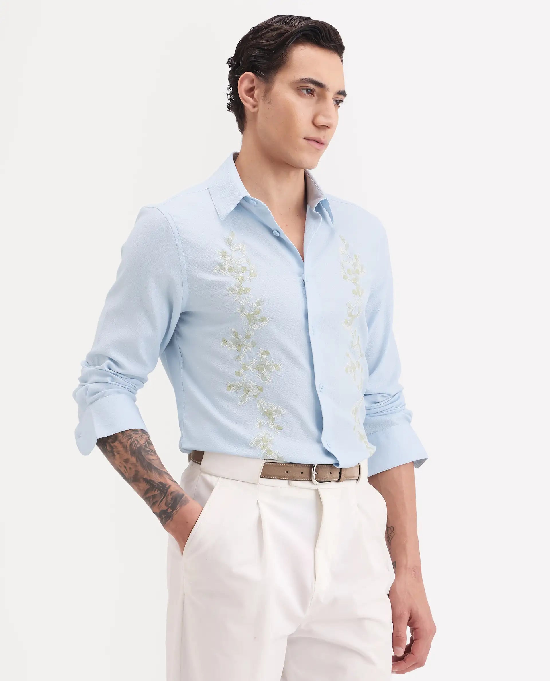 Rare Rabbit Men's Yorp Light Blue Cotton Fabric Full Sleeve Spread Collar Regular Fit Embroidered Shirt