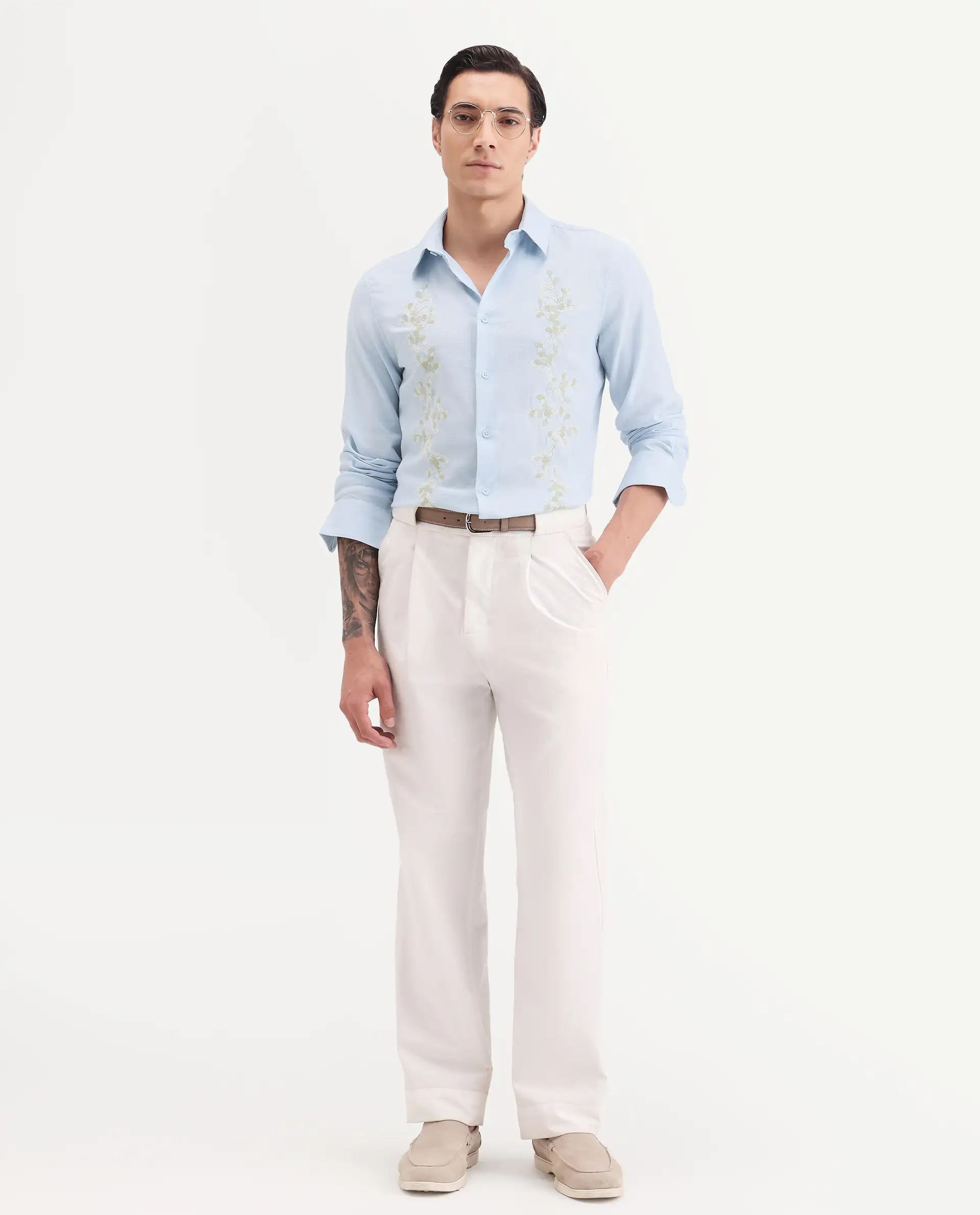 Rare Rabbit Men's Yorp Light Blue Cotton Fabric Full Sleeve Spread Collar Regular Fit Embroidered Shirt