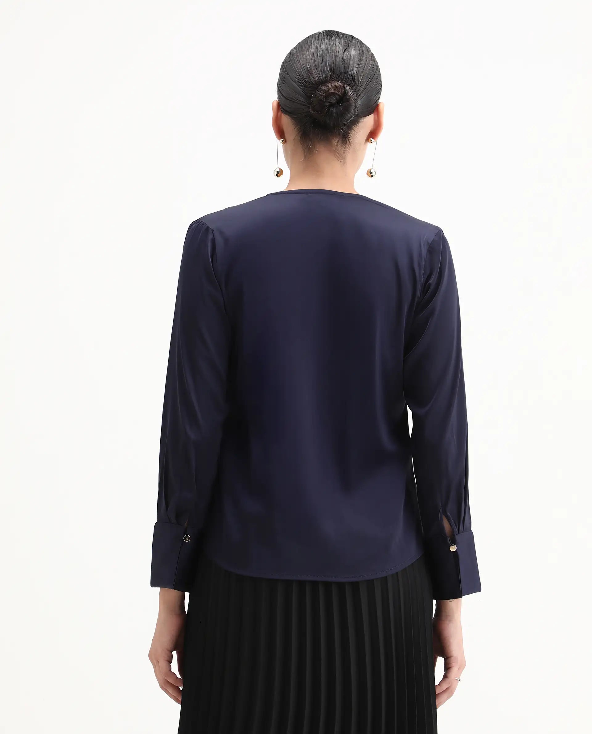 Rareism Women's Yuhay Navy Polyester Blend V-Neck Plain Cuffed Sleeve Regular Fit Top