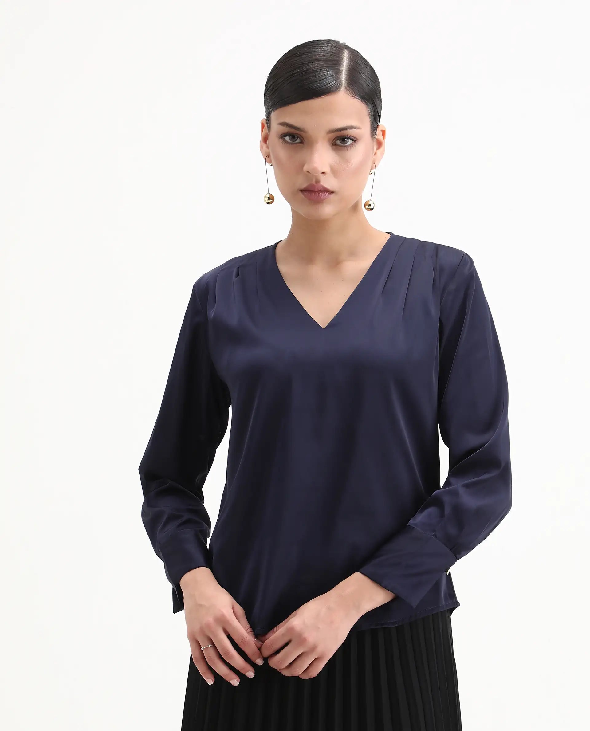 Rareism Women's Yuhay Navy Polyester Blend V-Neck Plain Cuffed Sleeve Regular Fit Top