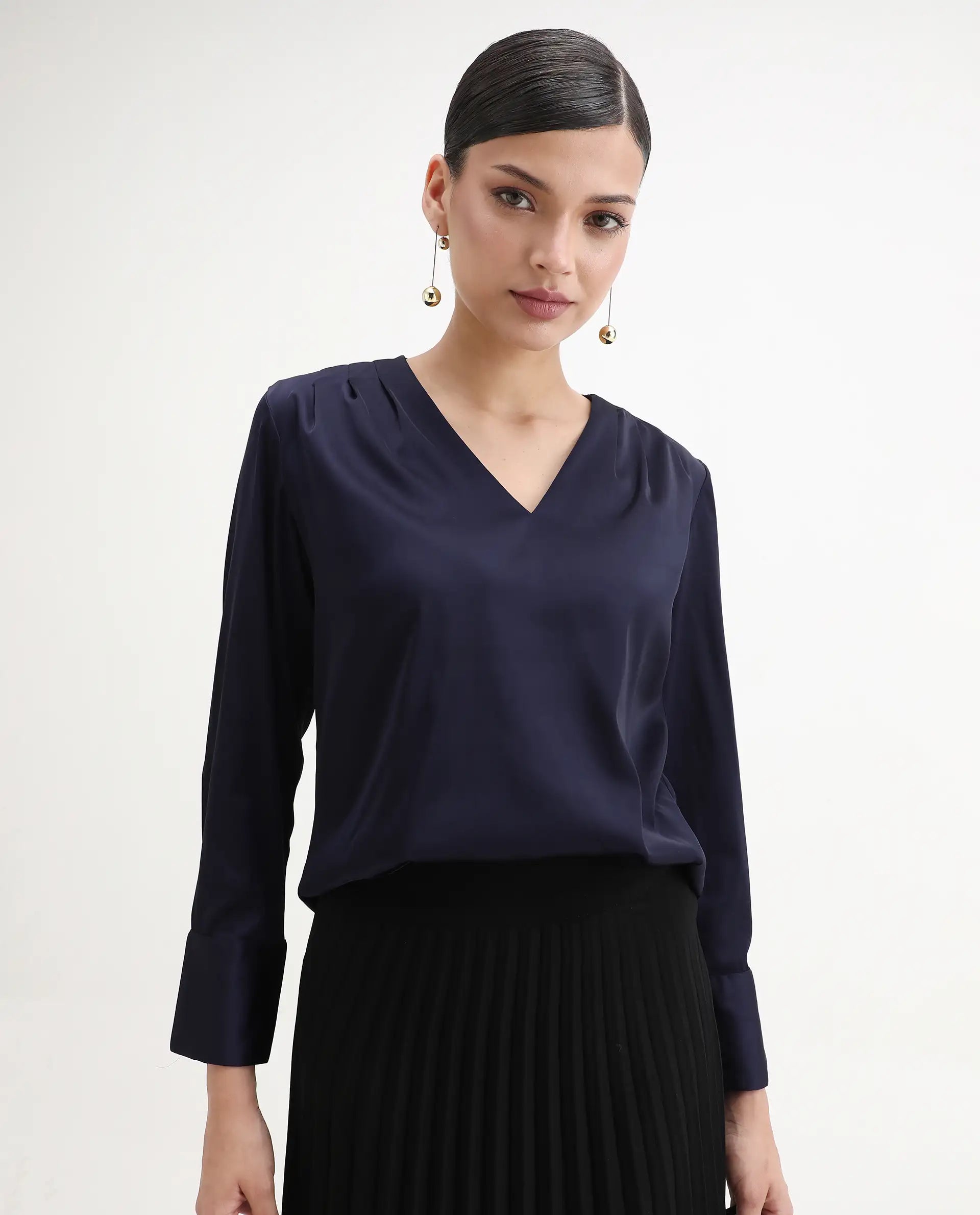 Rareism Women's Yuhay Navy Polyester Blend V-Neck Plain Cuffed Sleeve Regular Fit Top