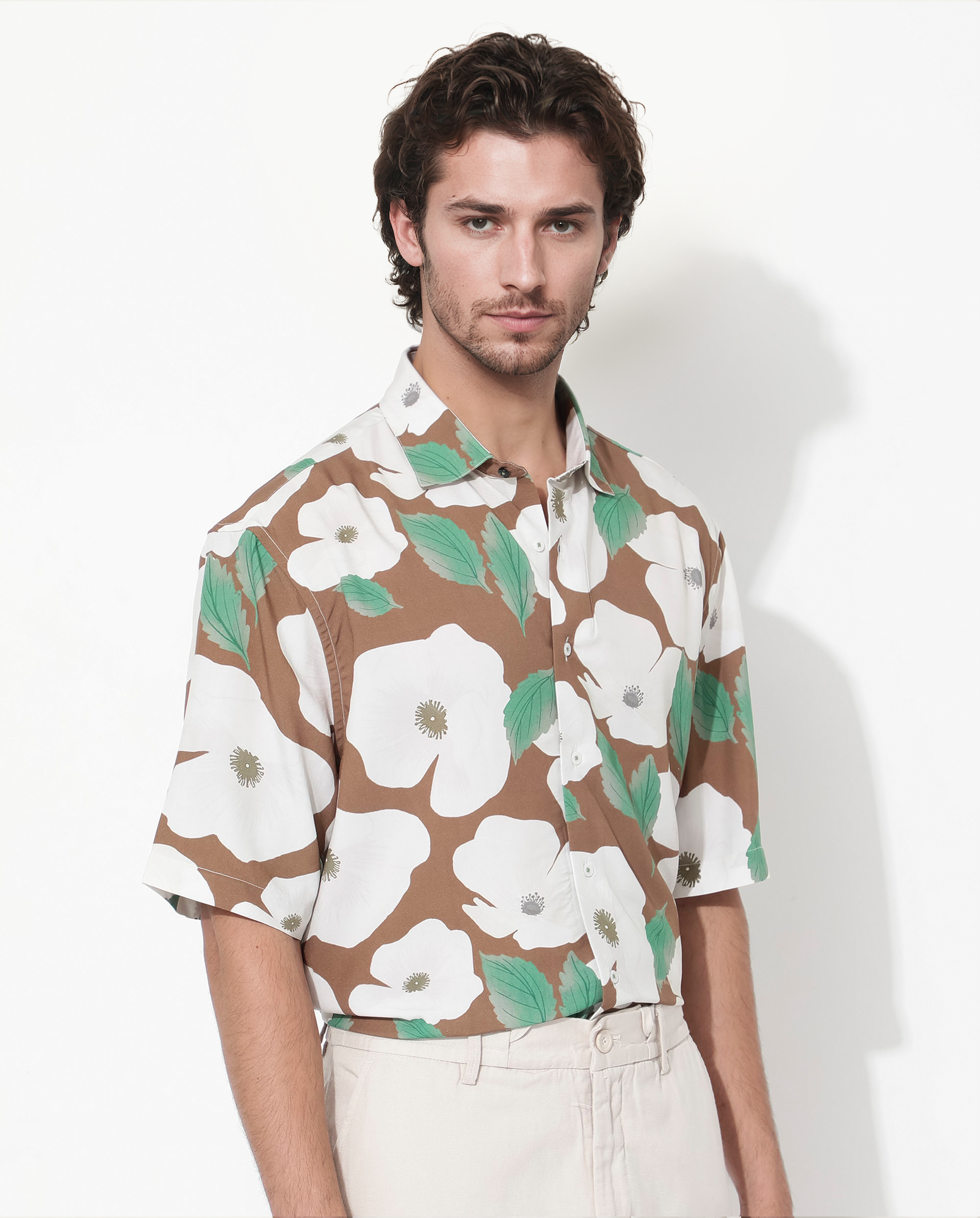 Rare Rabbit Men's Yuki Brown Viscose Fabric Short Sleeves Boxy Fit Floral Print Shirt