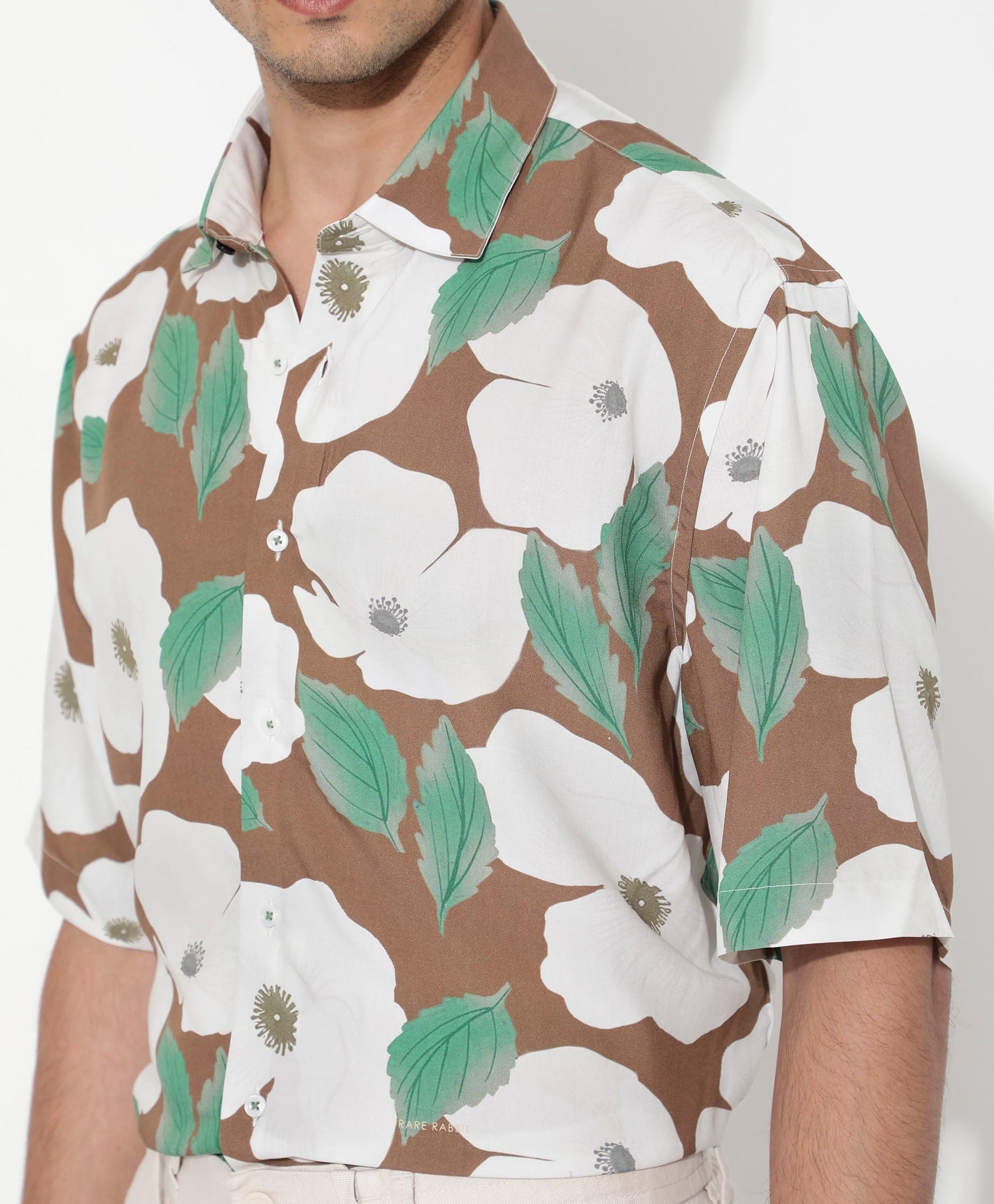 Rare Rabbit Men's Yuki Brown Viscose Fabric Short Sleeves Boxy Fit Floral Print Shirt