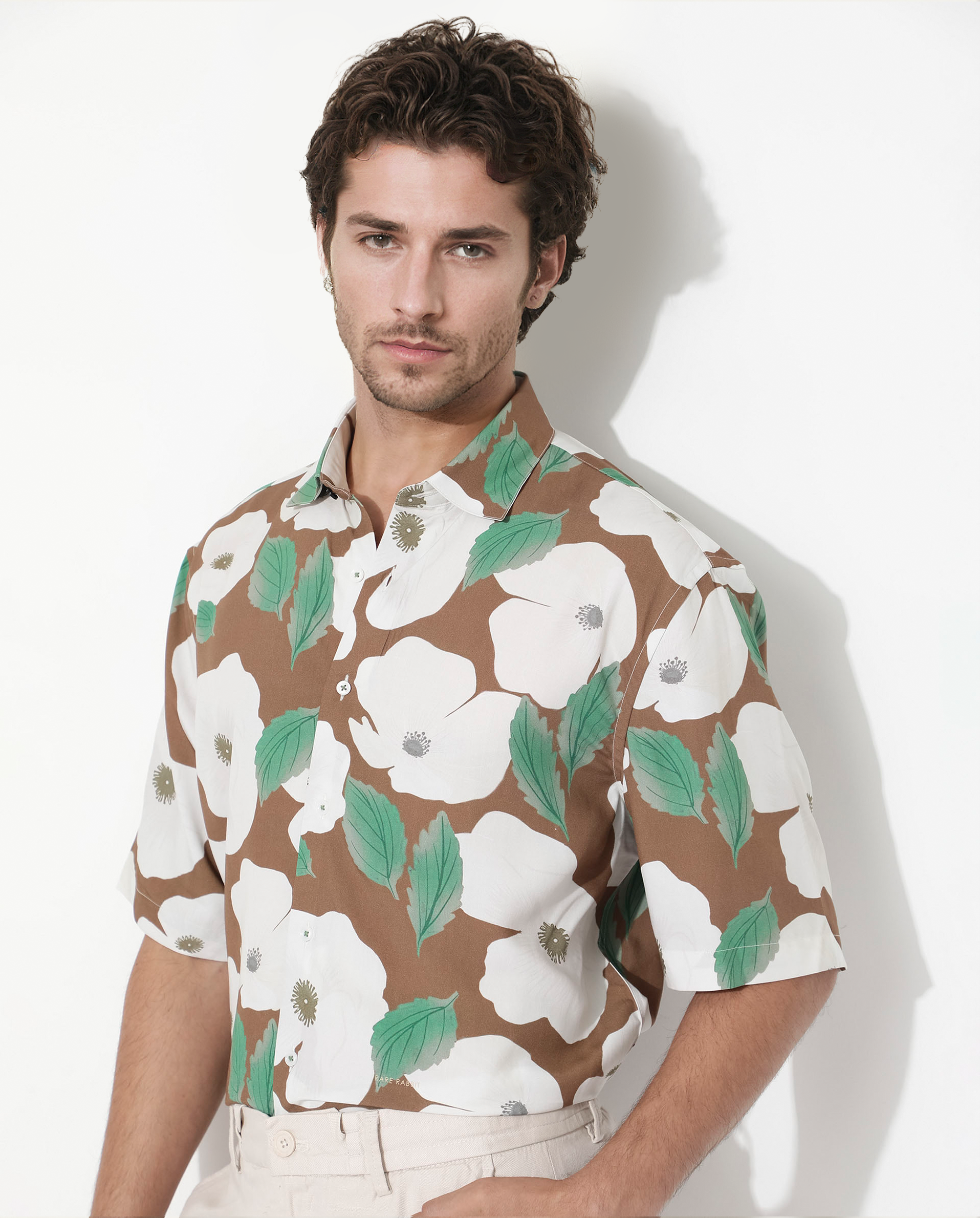 Rare Rabbit Men's Yuki Brown Viscose Fabric Short Sleeves Boxy Fit Floral Print Shirt
