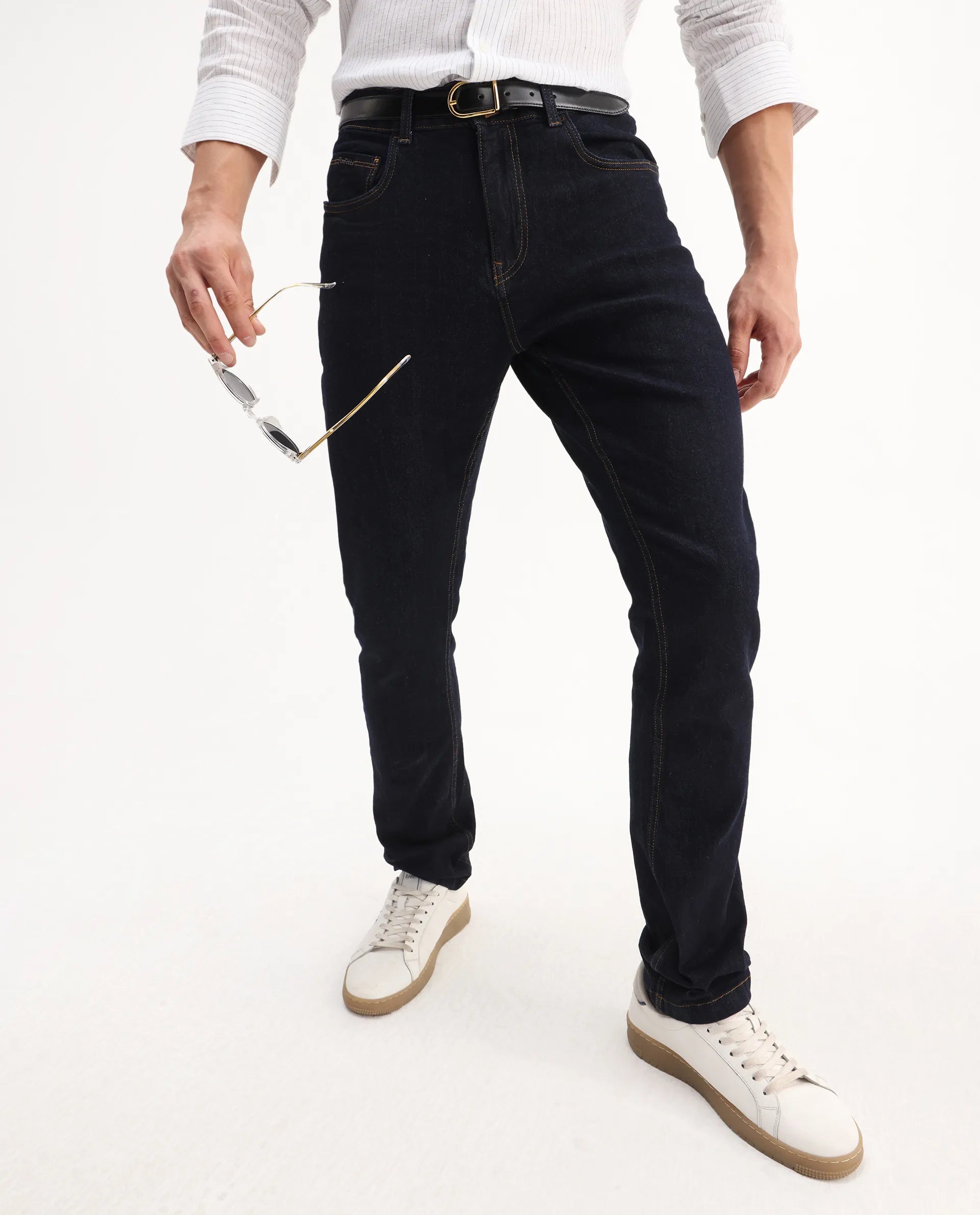 Rare Rabbit Men's Yukto Navy Cotton Plain Hawk Slim Fit Jeans