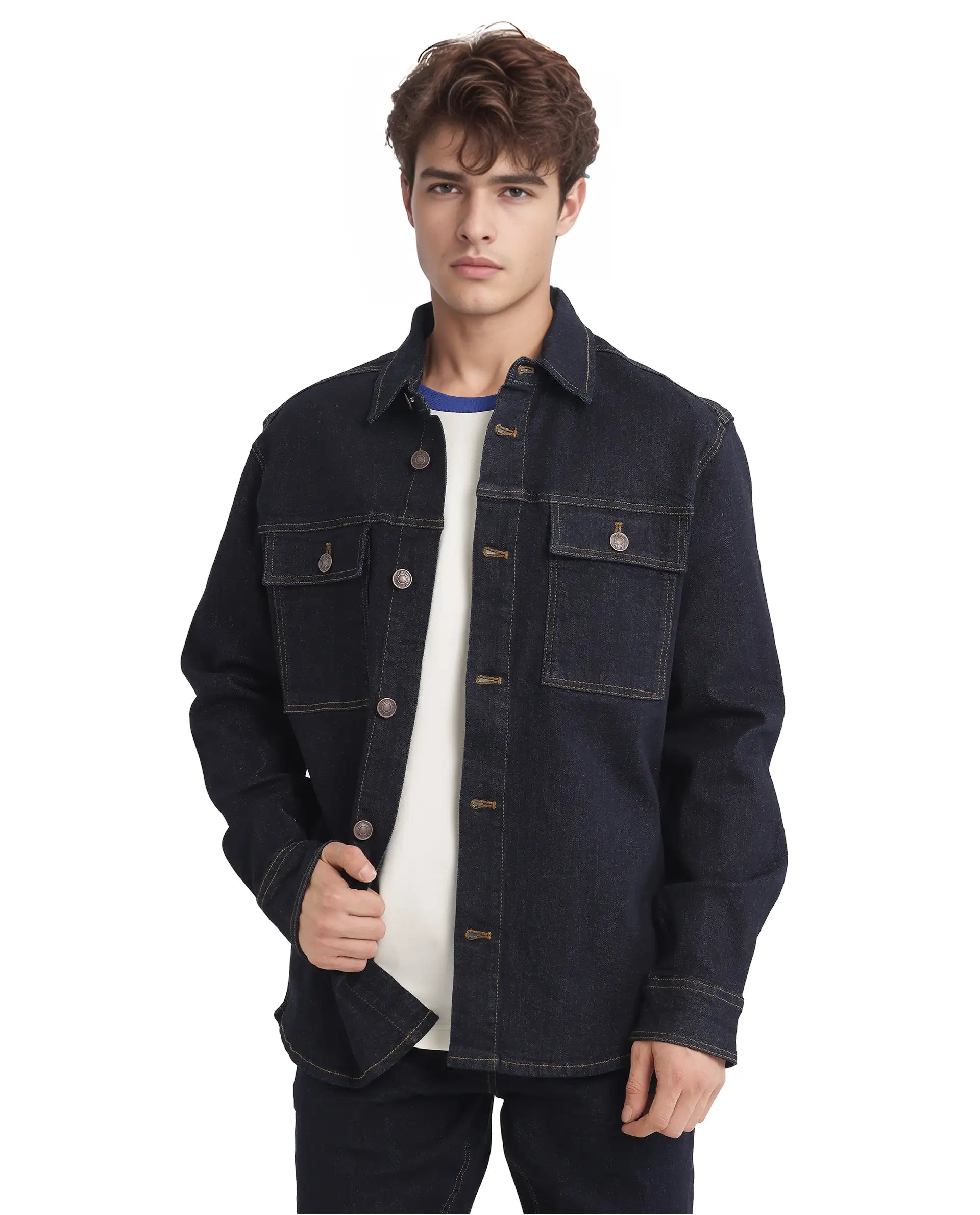 Rare Rabbit Men Yulio Navy Cotton Fabric Full Sleeves Broad Collar Button Closure Slim Fit Plain Jacket