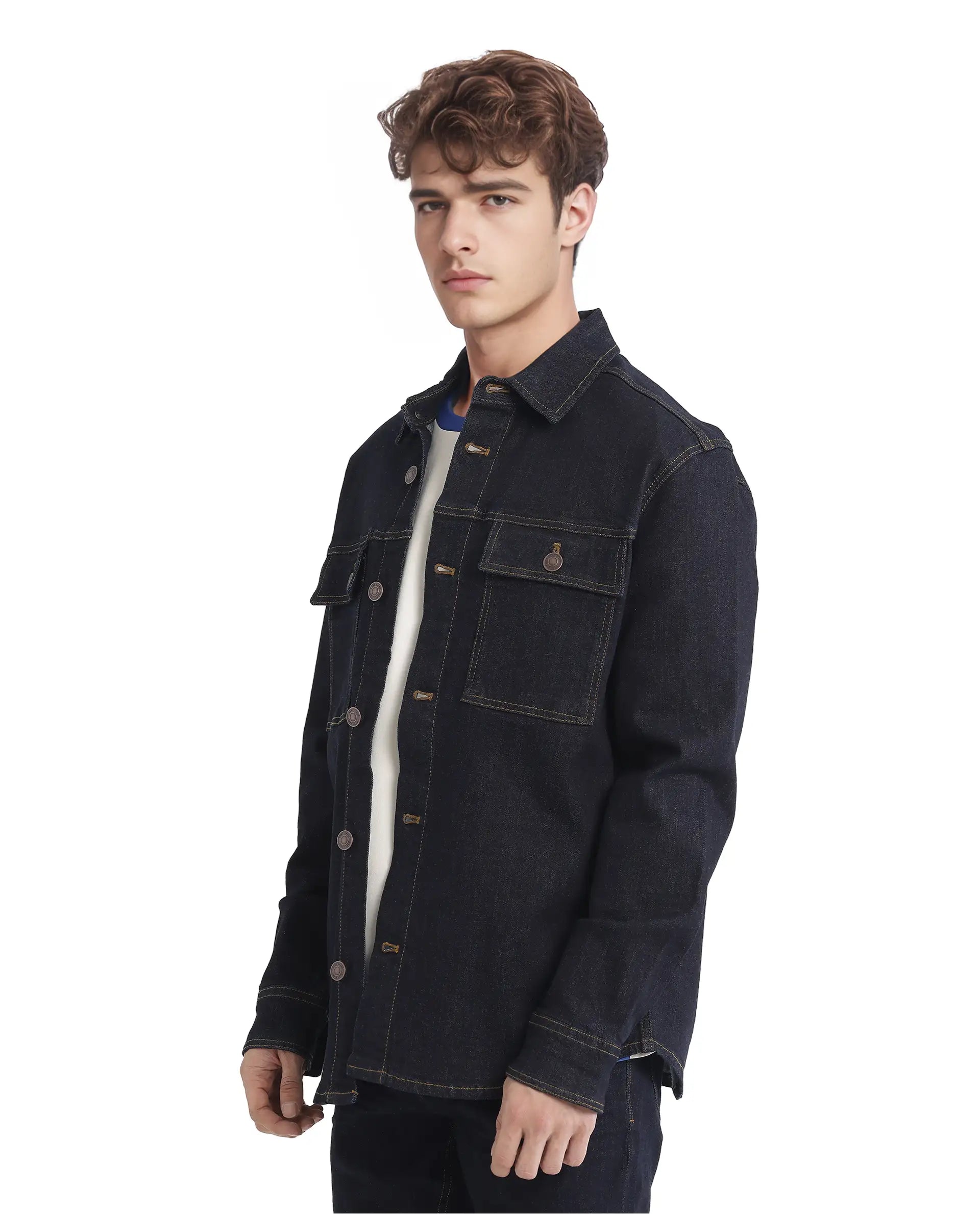 Rare Rabbit Men Yulio Navy Cotton Fabric Full Sleeves Broad Collar Button Closure Slim Fit Plain Jacket