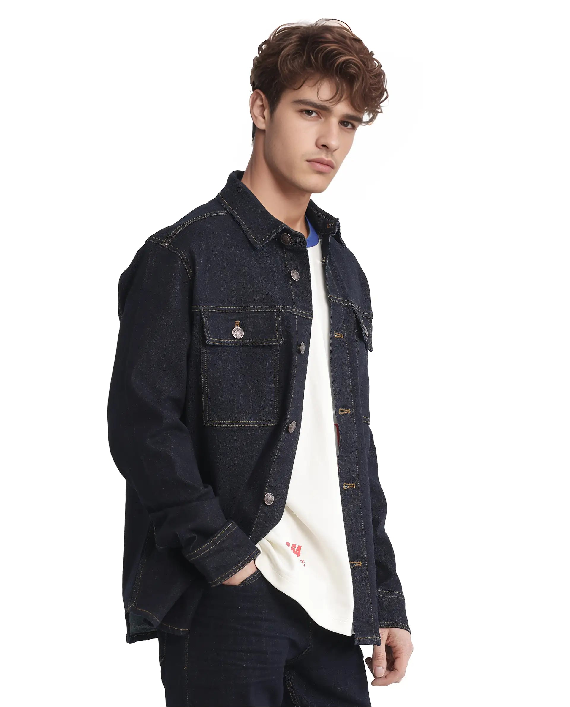 Rare Rabbit Men Yulio Navy Cotton Fabric Full Sleeves Broad Collar Button Closure Slim Fit Plain Jacket