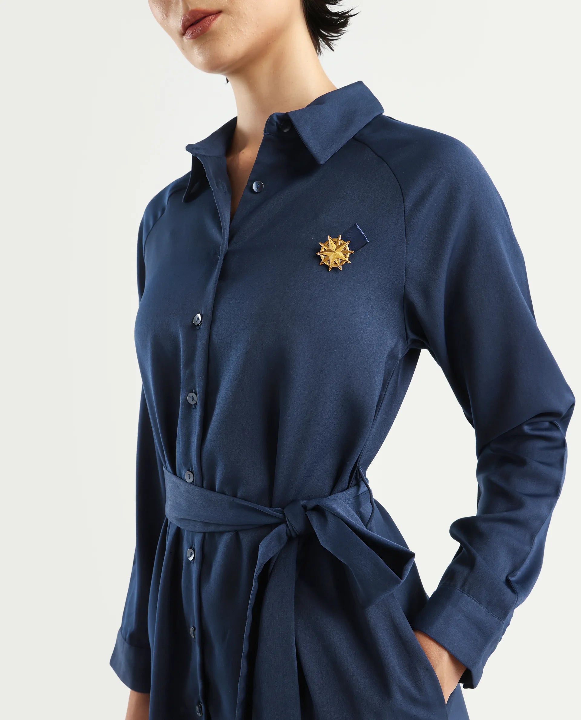 Rareism Women's Yulu Navy Satin Drop Collar Plain Cuffed Sleeve Midi Straight Fit Dress