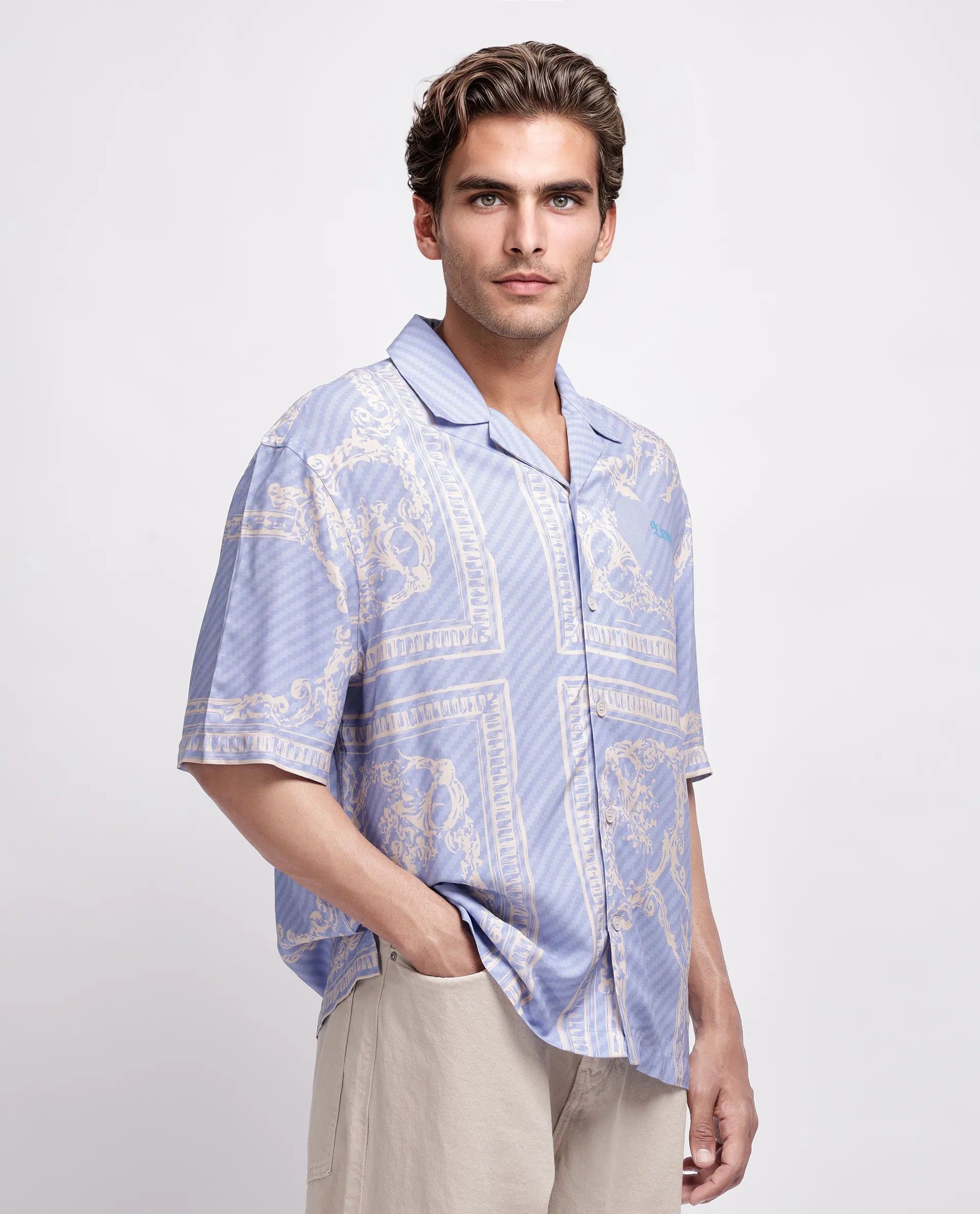 Rare Rabbit Men's Yuna Purple Viscose Placement Print Boxy Fit Half Sleeve Cuban Collar Shirt