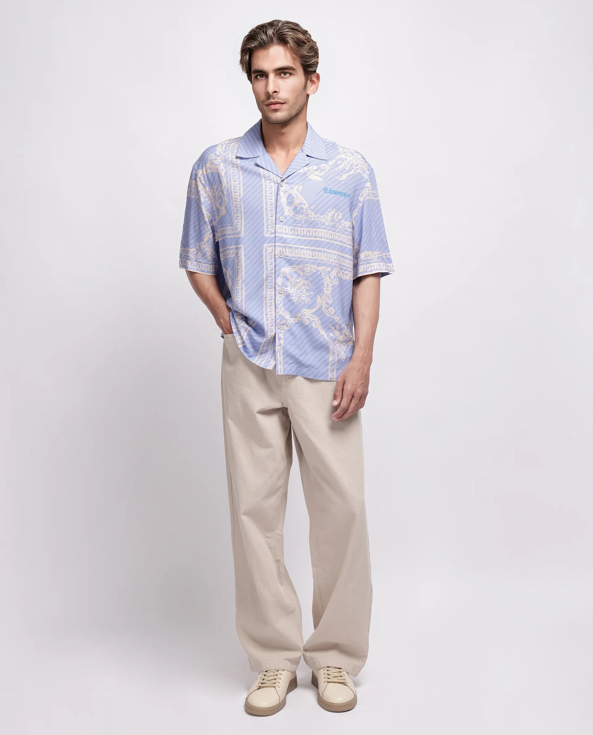 Rare Rabbit Men's Yuna Purple Viscose Placement Print Boxy Fit Half Sleeve Cuban Collar Shirt