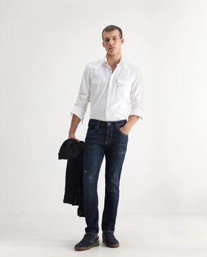 Rare Rabbit Men's Yuri Dark Blue Cotton Plain Hawk Slim Fit Jeans