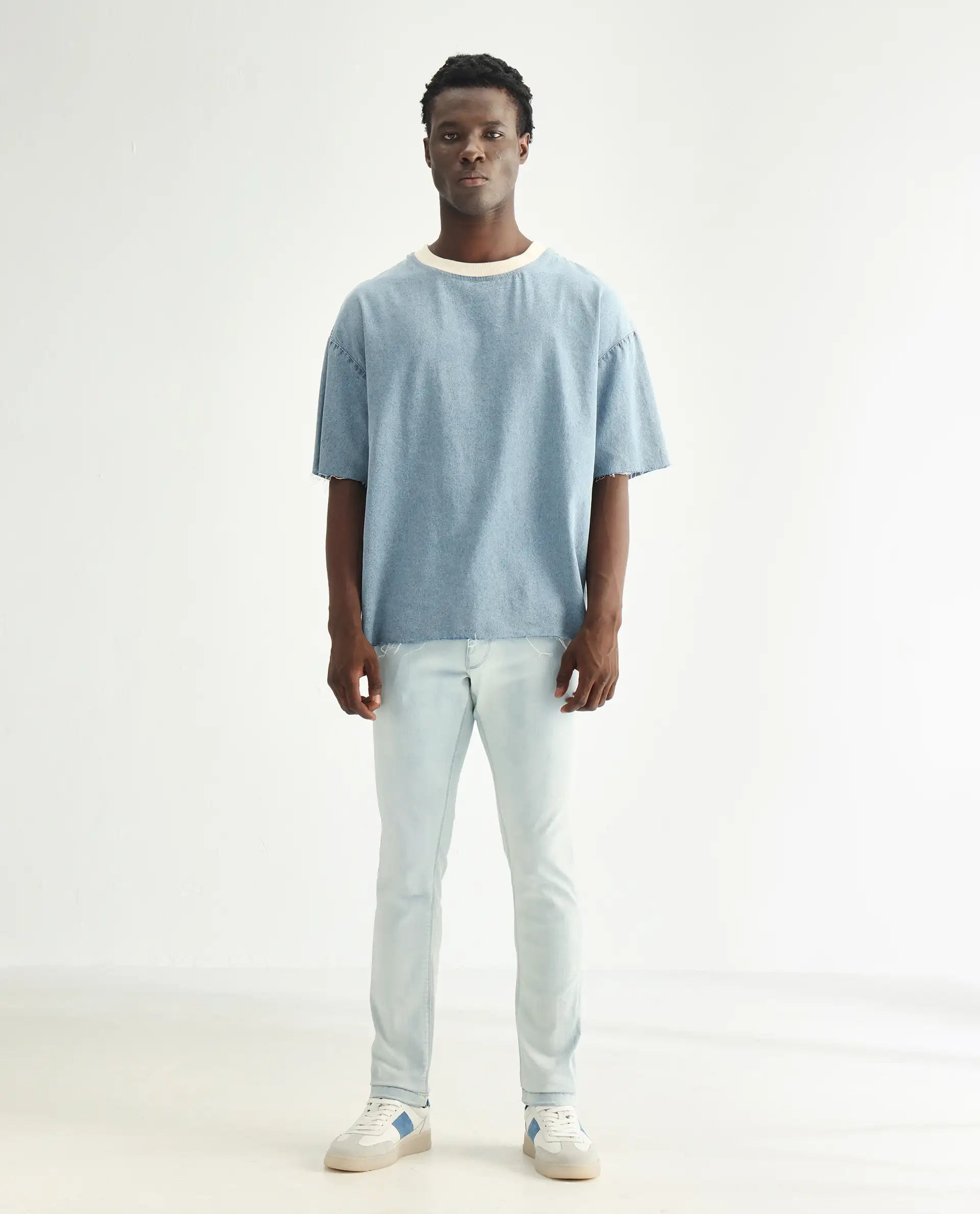 Rare Rabbit Men's Yuto Light Blue Cotton Plain Hawk Slim Fit Jeans