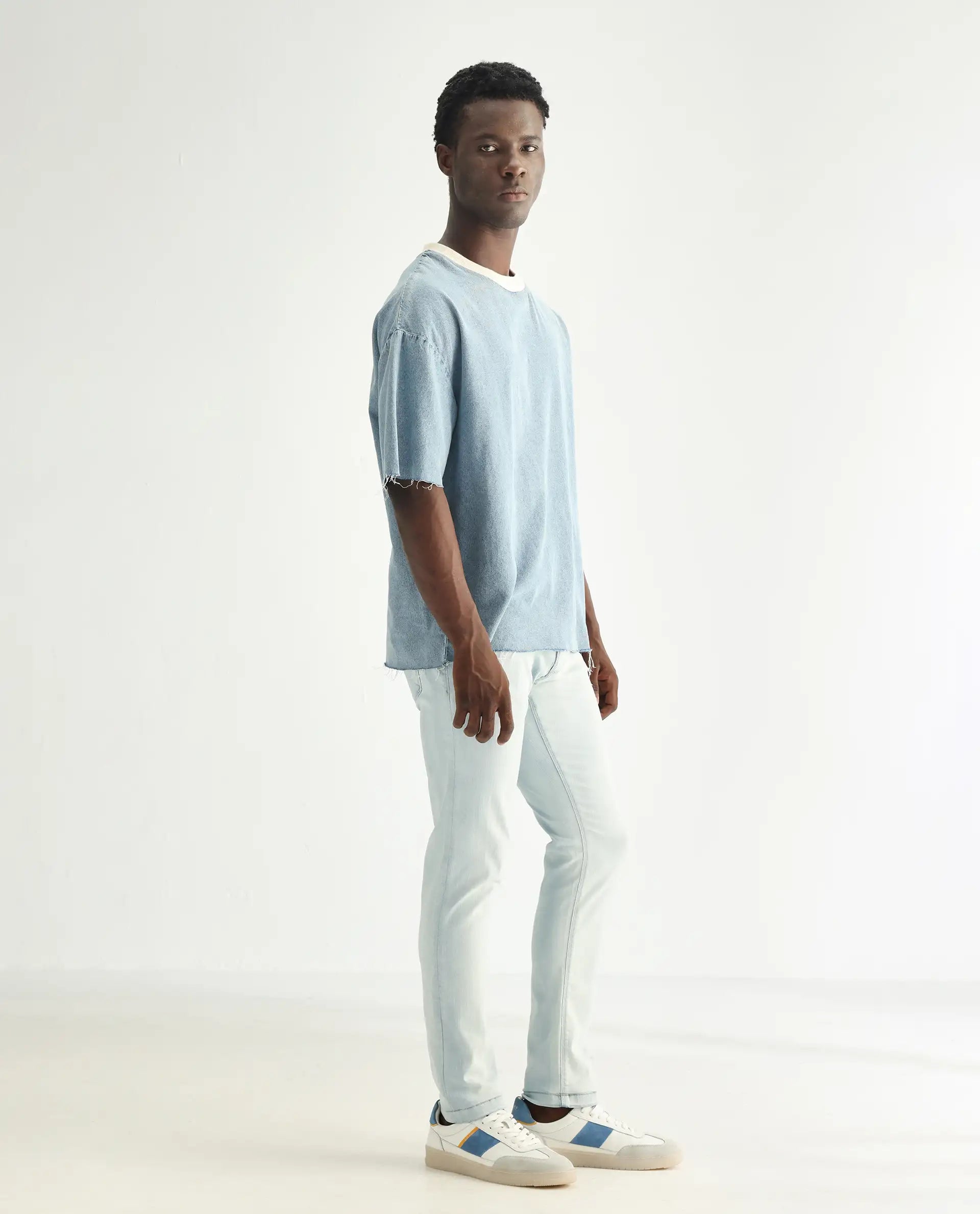 Rare Rabbit Men's Yuto Light Blue Cotton Plain Hawk Slim Fit Jeans