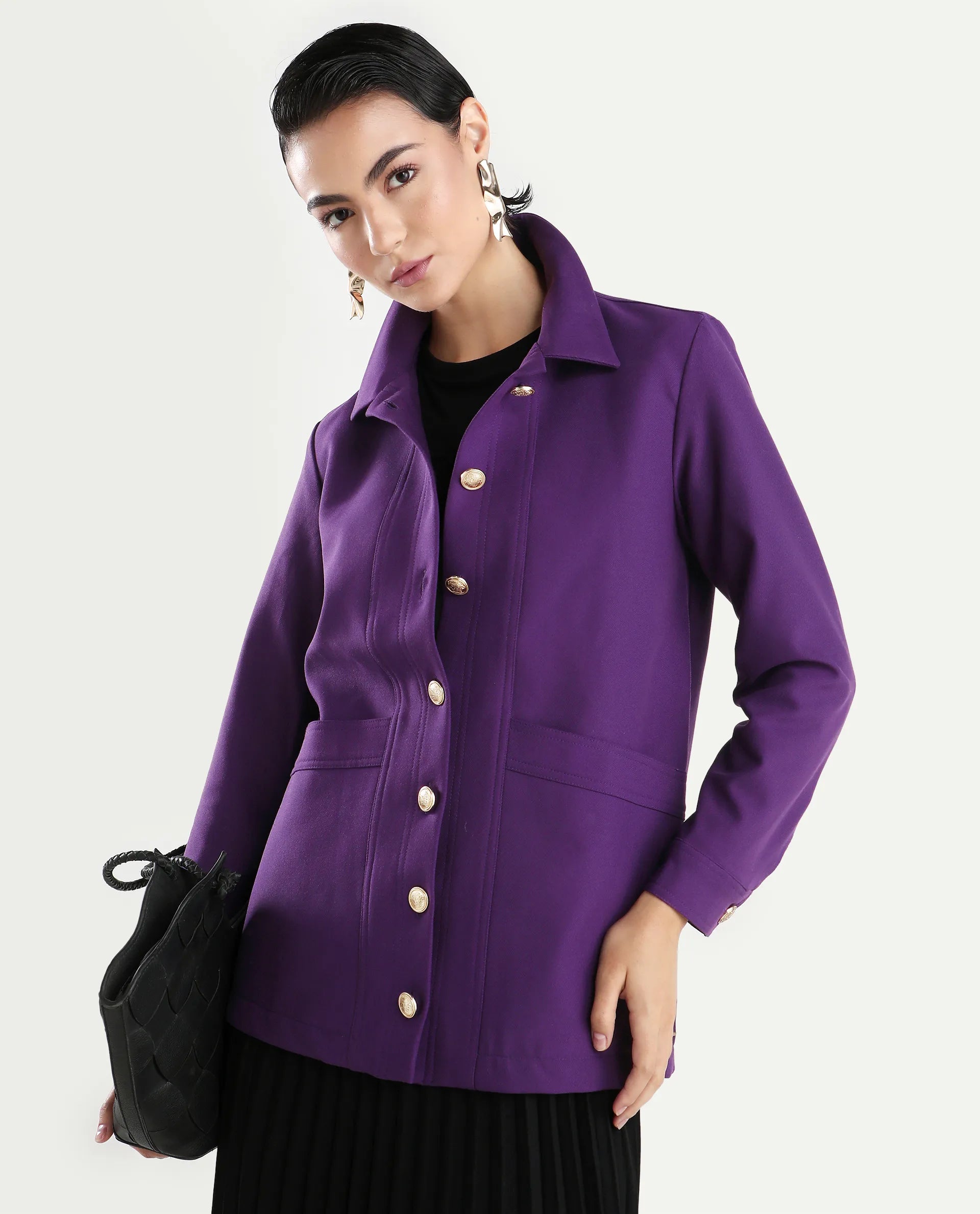 Rareism Women's Yeppon Purple Spread Collar Plain Cuffed Sleeve Hip Length Boxy Fit Jacket