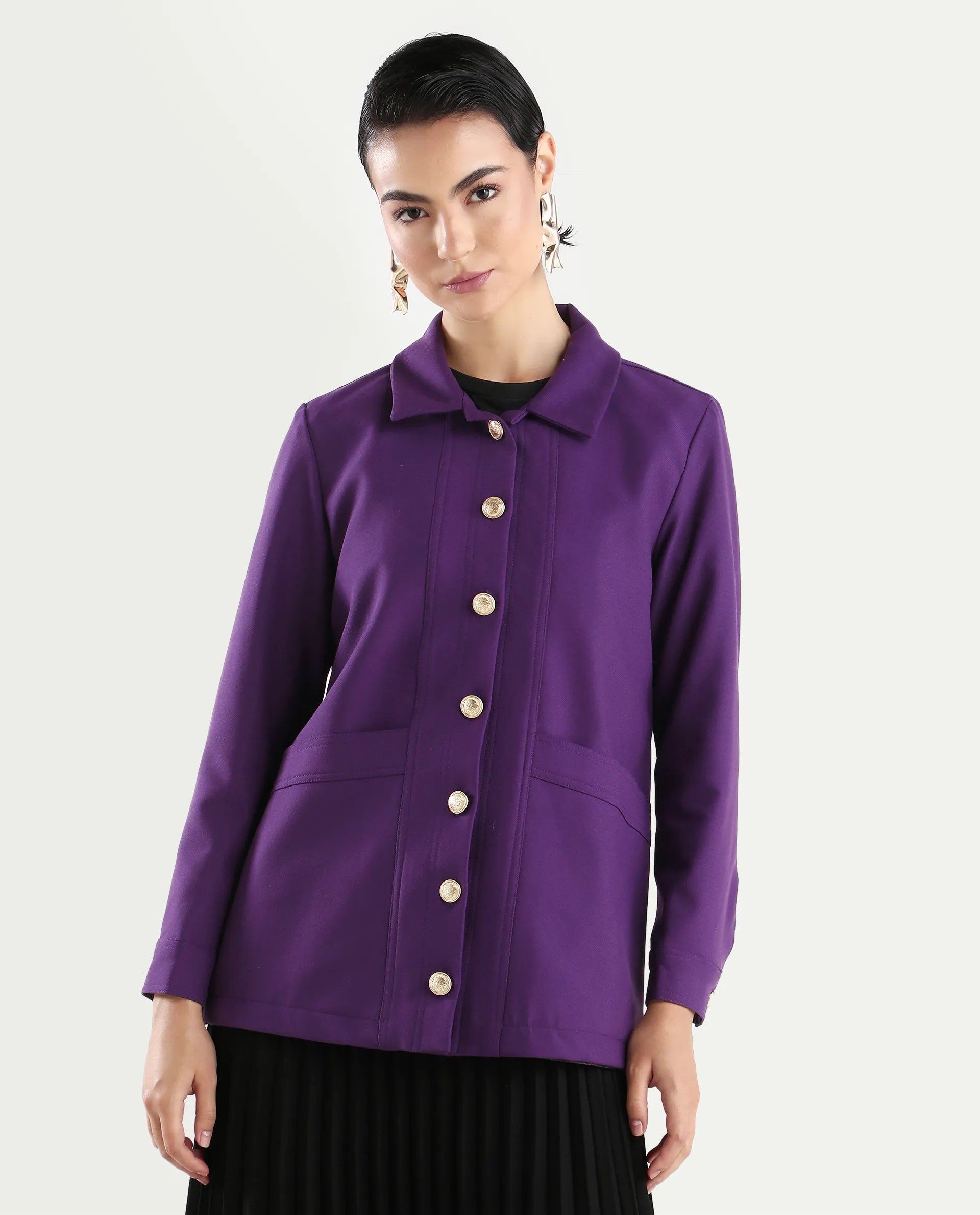 Rareism Women's Yeppon Purple Spread Collar Plain Cuffed Sleeve Hip Length Boxy Fit Jacket