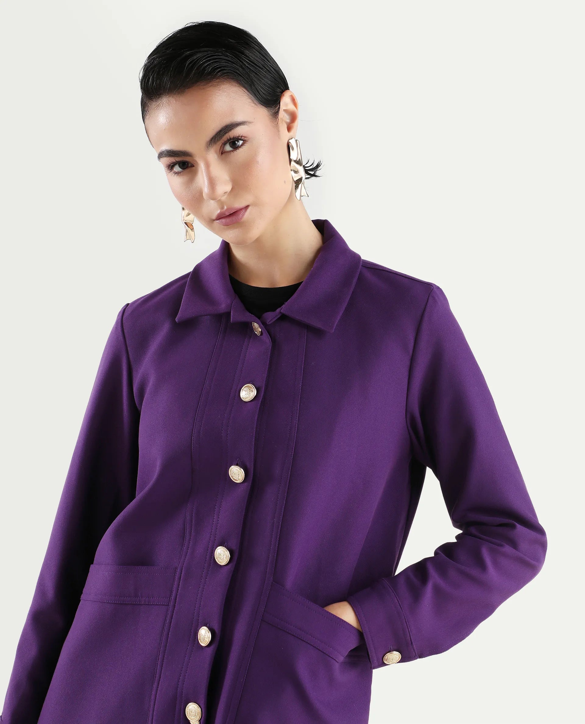 Rareism Women's Yeppon Purple Spread Collar Plain Cuffed Sleeve Hip Length Boxy Fit Jacket