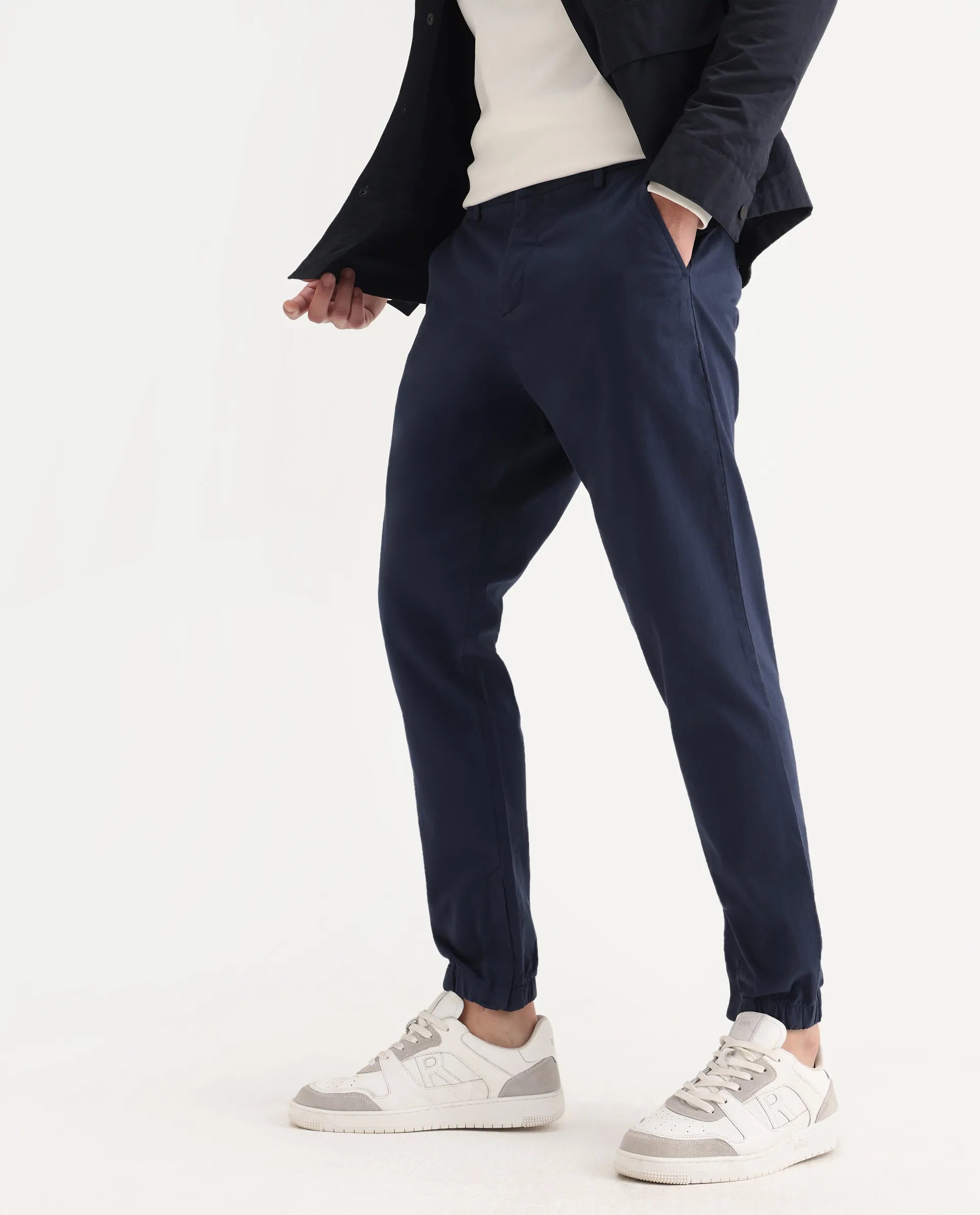 Rare Rabbit Men's Zade Navy Cotton Blend Plain Regular Fit Trouser