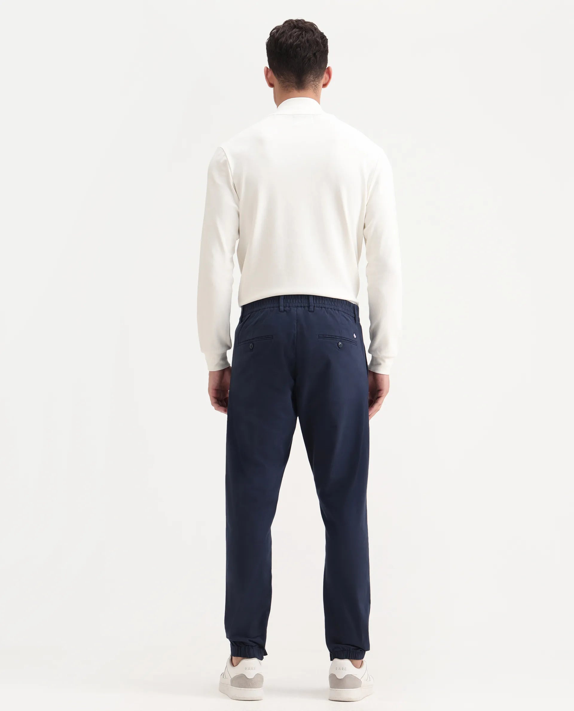 Rare Rabbit Men's Zade Navy Cotton Blend Plain Regular Fit Trouser