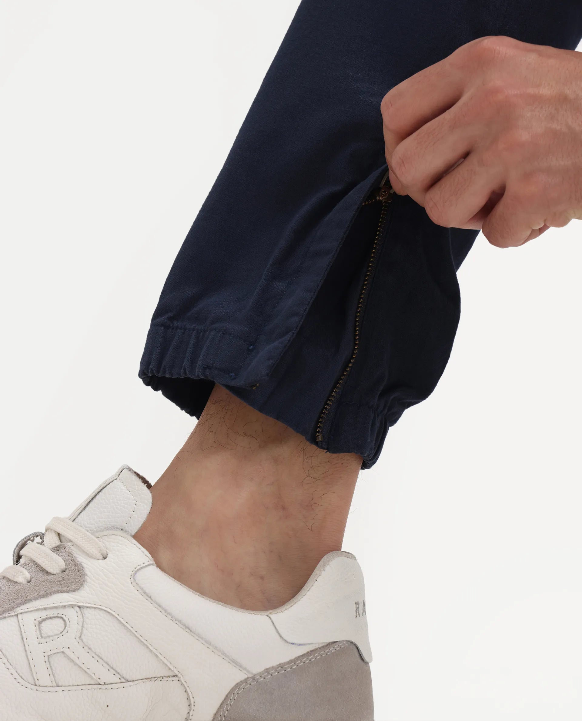 Rare Rabbit Men's Zade Navy Cotton Blend Plain Regular Fit Trouser