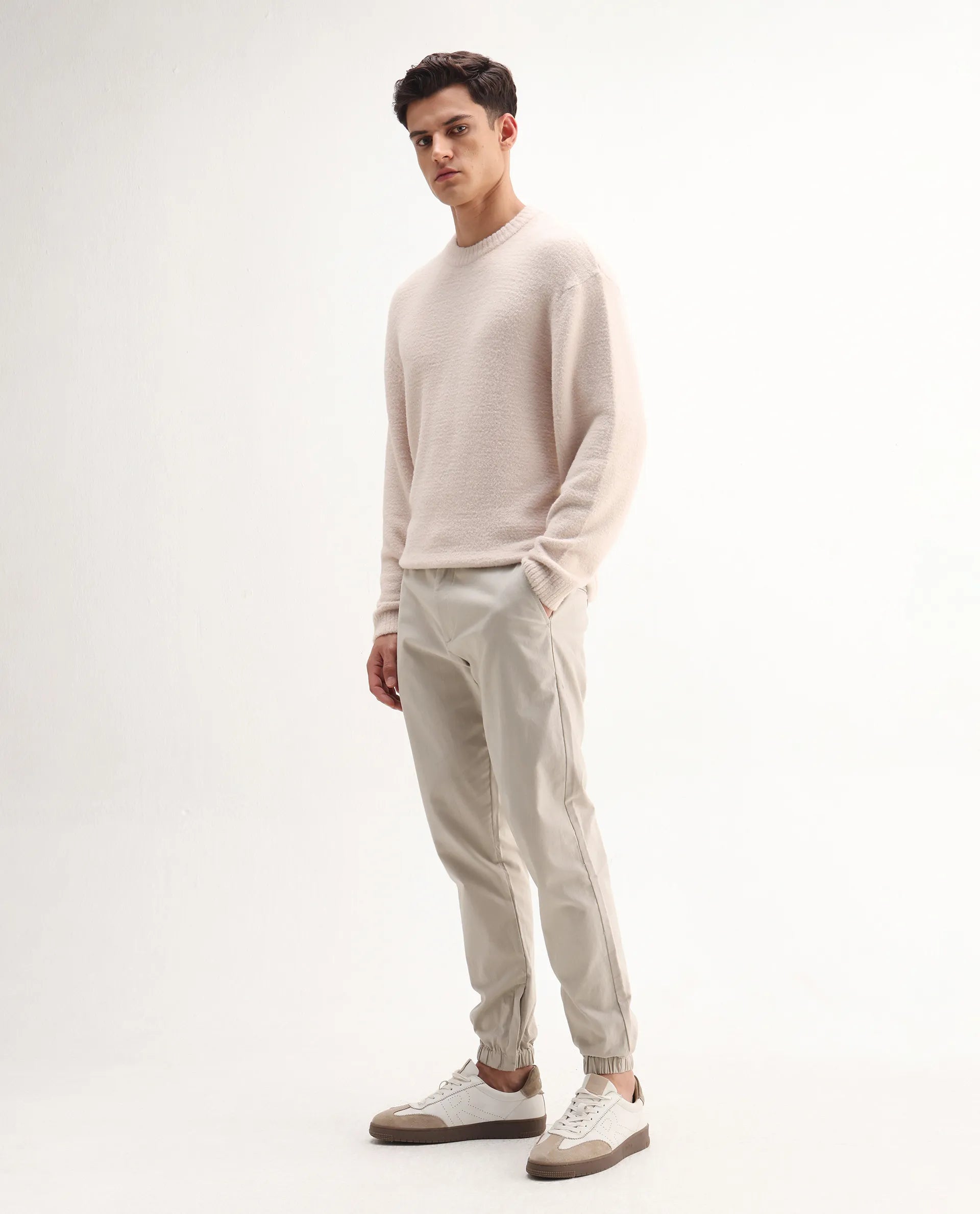 Rare Rabbit Men's Zade-N Light Beige Cotton Blend Plain Regular Fit Trouser