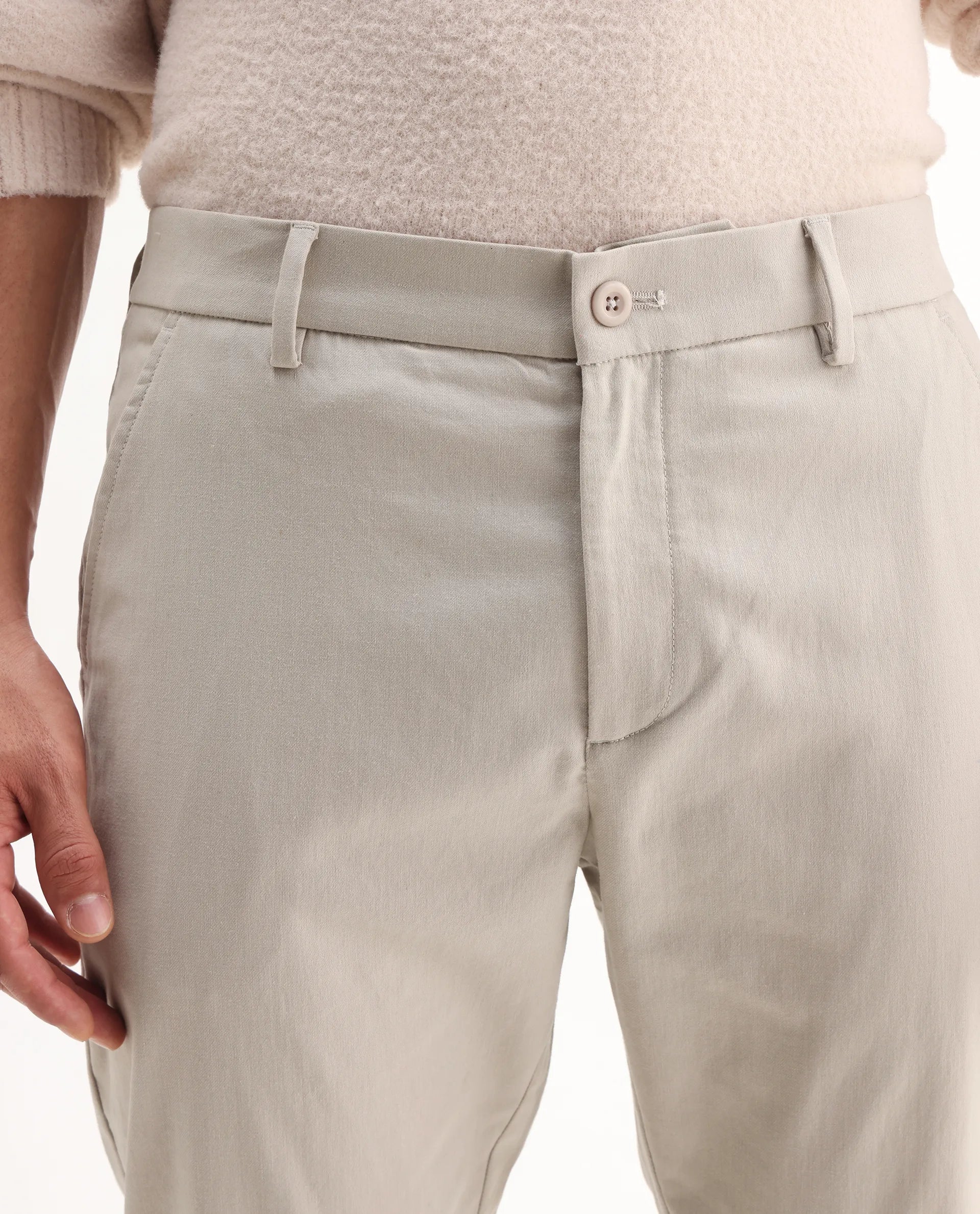Rare Rabbit Men's Zade-N Light Beige Cotton Blend Plain Regular Fit Trouser