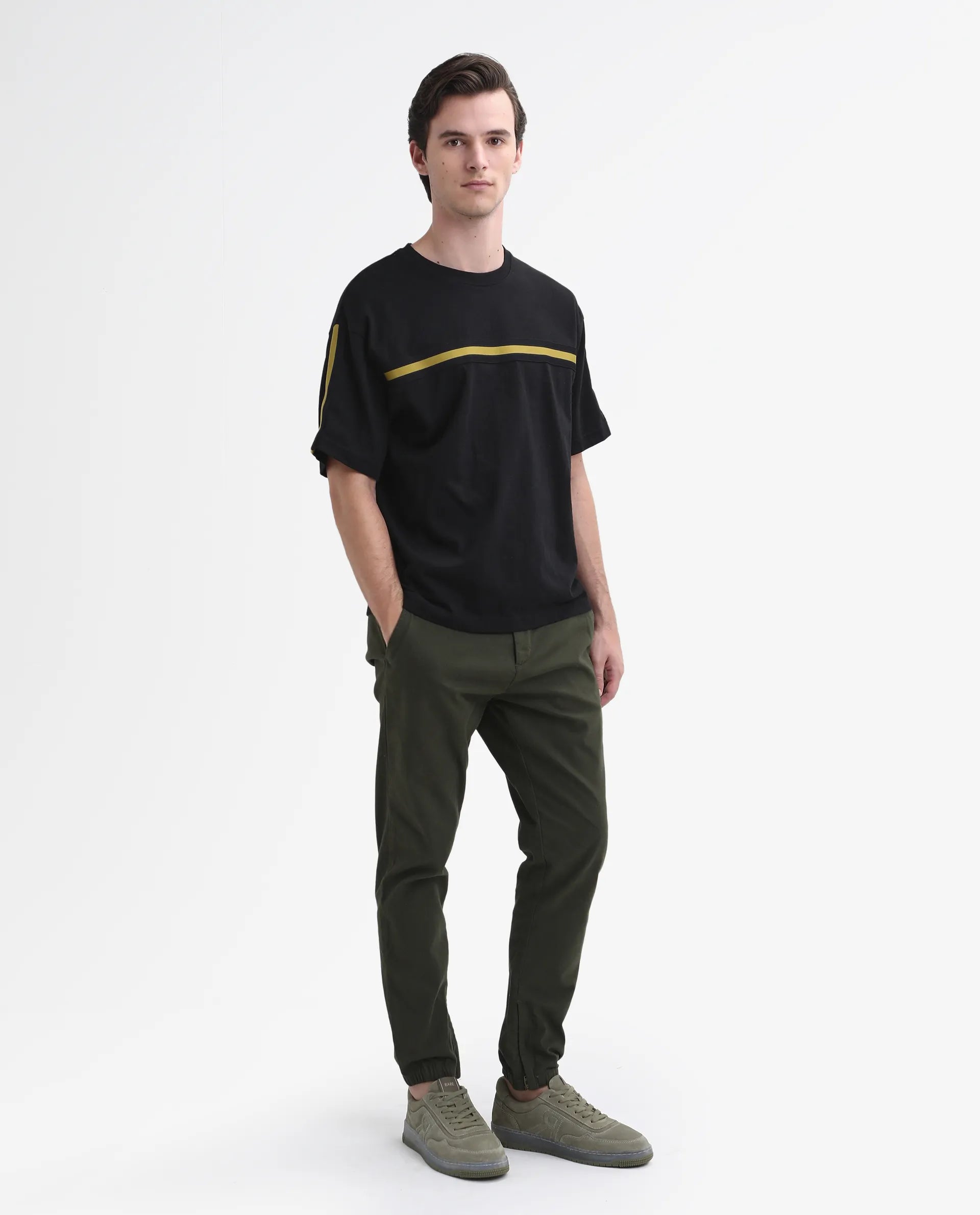 Rare Rabbit Men's Zade - Olive Cotton Plain Regular Fit Trouser