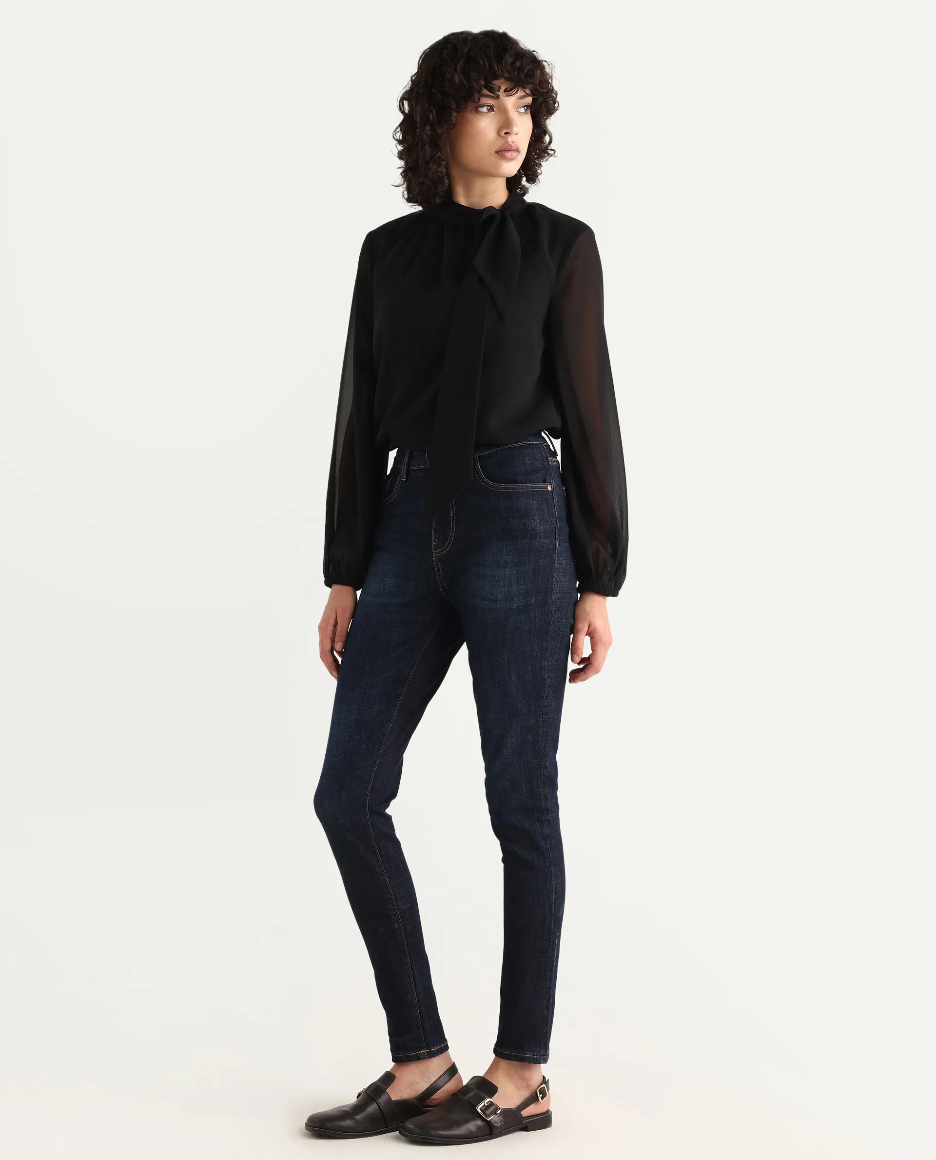 Rareism Women's Zaisho Dark Blue Cotton Blend Plain Ankle Length Sleek Skinny Fit Jeans