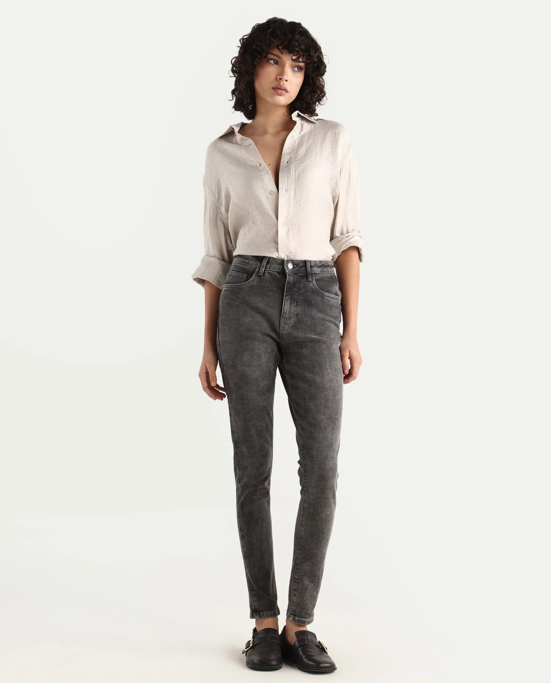 Rareism Women's Zaisho Grey Cotton Blend Plain Ankle Length Sleek Skinny Fit Jeans