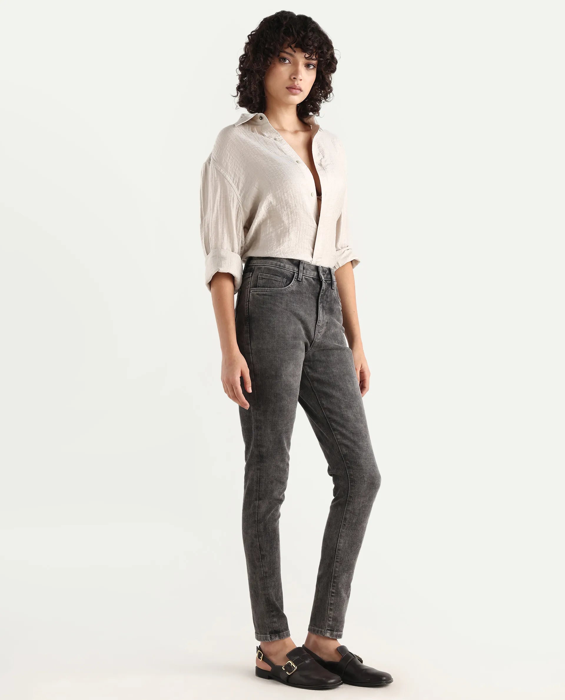 Rareism Women's Zaisho Grey Cotton Blend Plain Ankle Length Sleek Skinny Fit Jeans