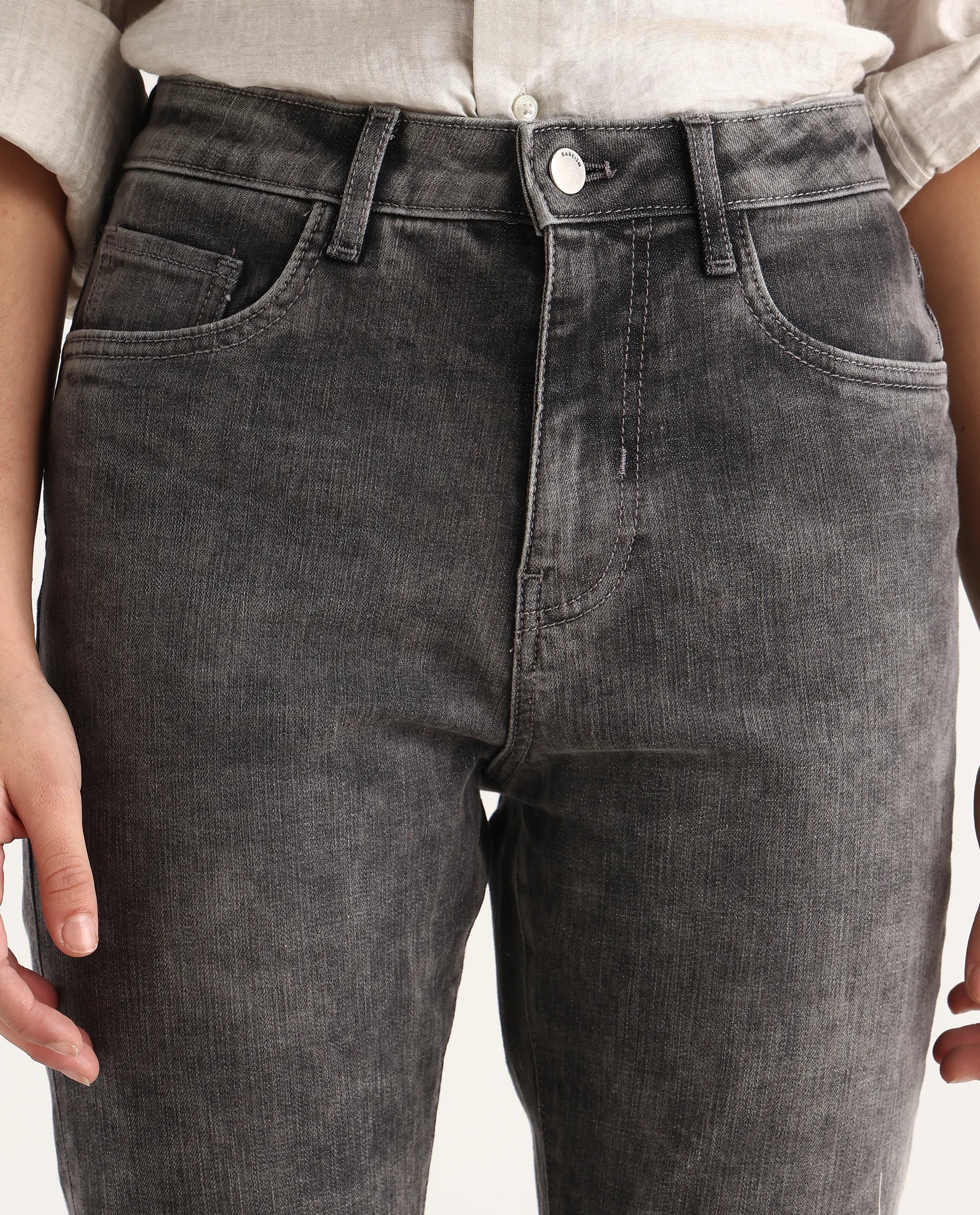 Rareism Women's Zaisho Grey Cotton Blend Plain Ankle Length Sleek Skinny Fit Jeans