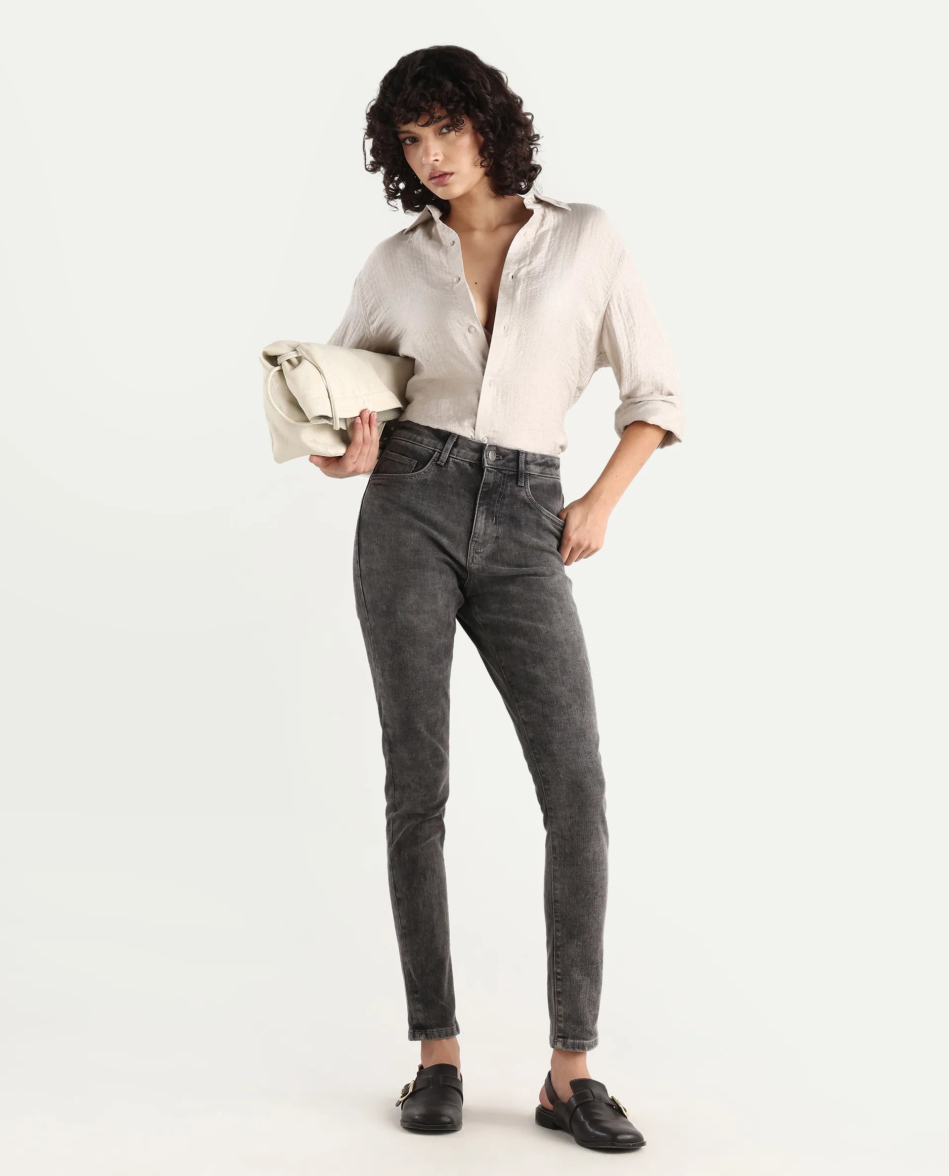 Rareism Women's Zaisho Grey Cotton Blend Plain Ankle Length Sleek Skinny Fit Jeans