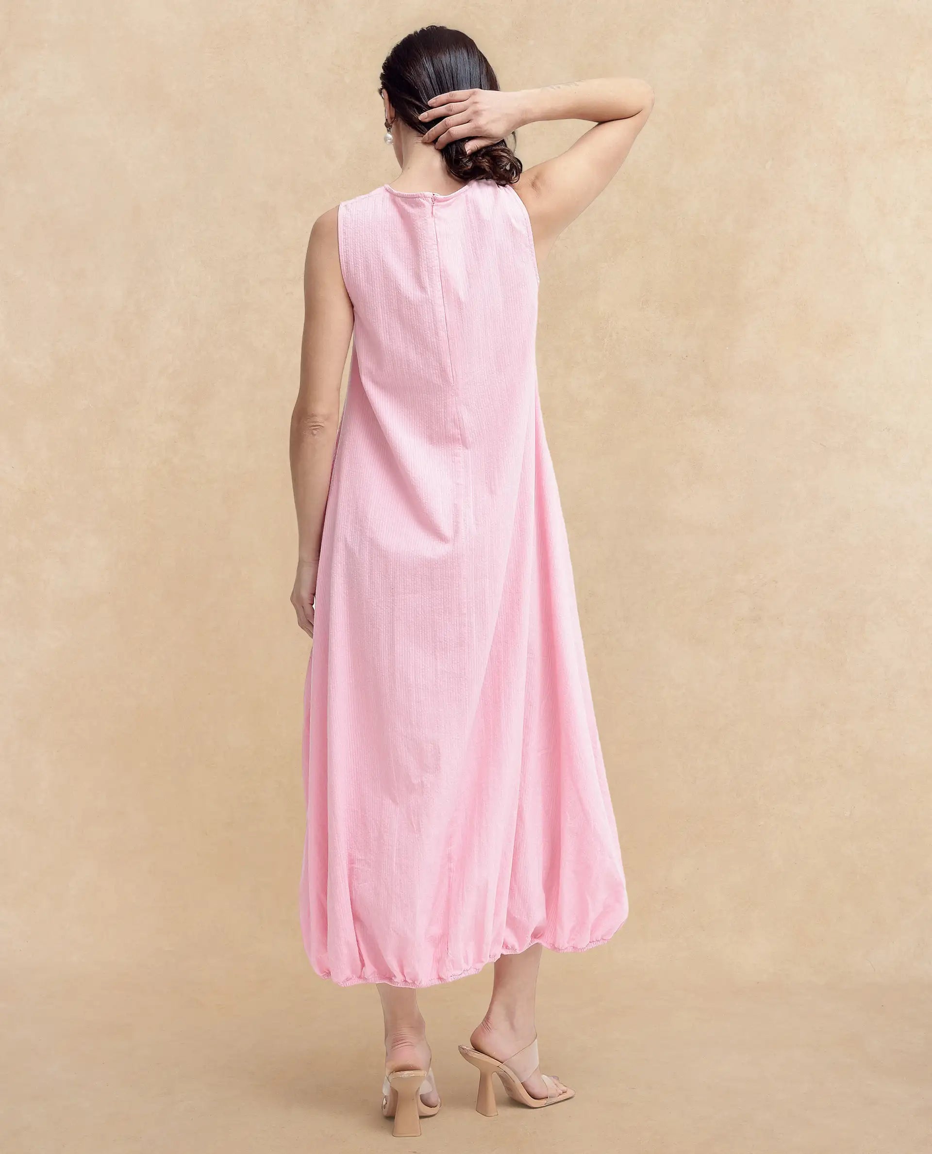 Rareism Women's Zakura Dusky Pink Cotton Crew Neck Striped Sleeveless Maxi Balloon Dress