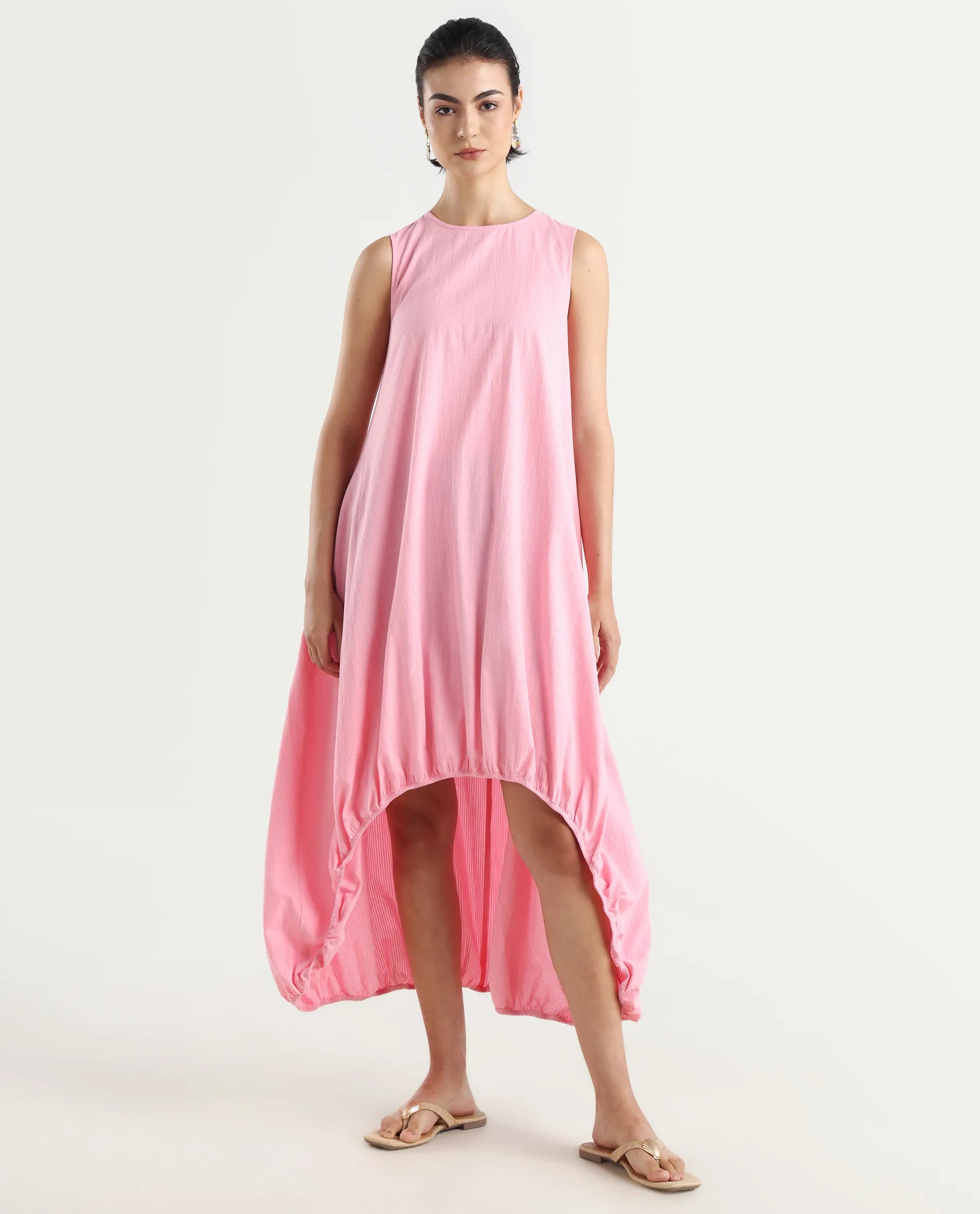 Rareism Women's Zakura Dusky Pink Cotton Crew Neck Striped Sleeveless Maxi Balloon Dress