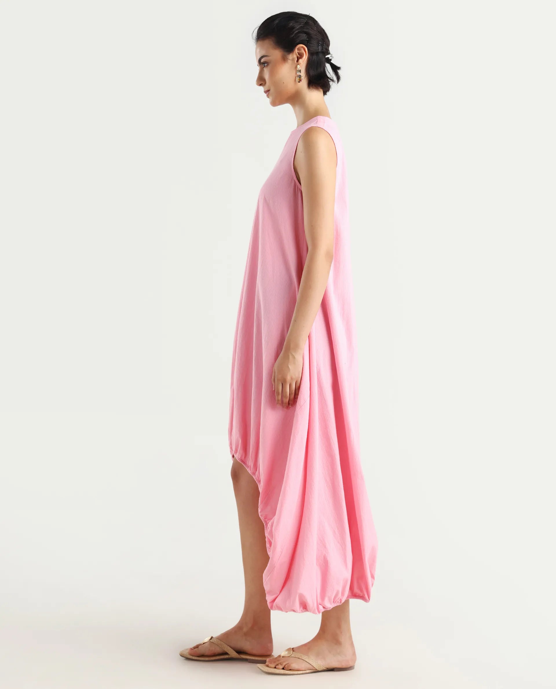 Rareism Women's Zakura Dusky Pink Cotton Crew Neck Striped Sleeveless Maxi Balloon Dress