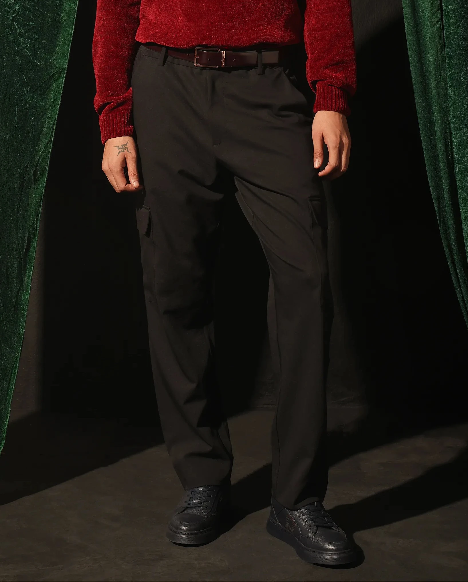 Rare Rabbit Men Zal Black Polyester Elastane Button And Zip Closure Relaxed Fit Plain Trouser