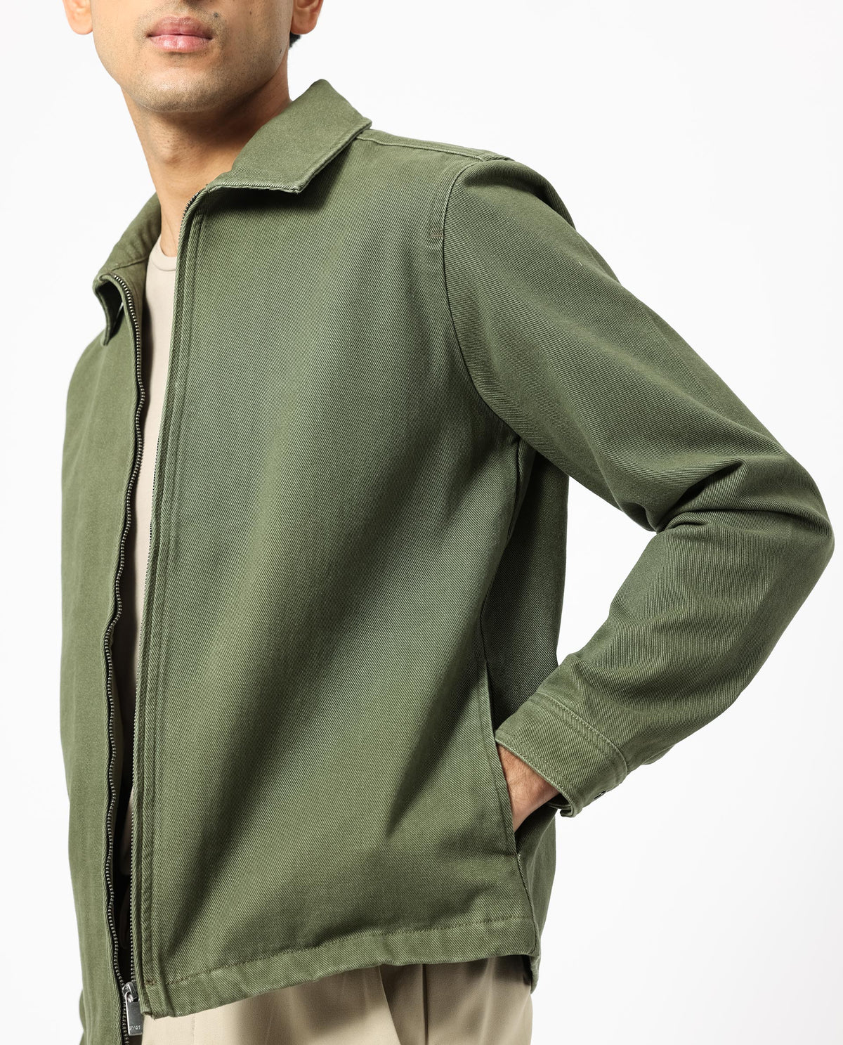 Rare Rabbit Men's Zale Dark Green Cotton Fabric Full Sleeves Zip Closure Solid Twill Shacket