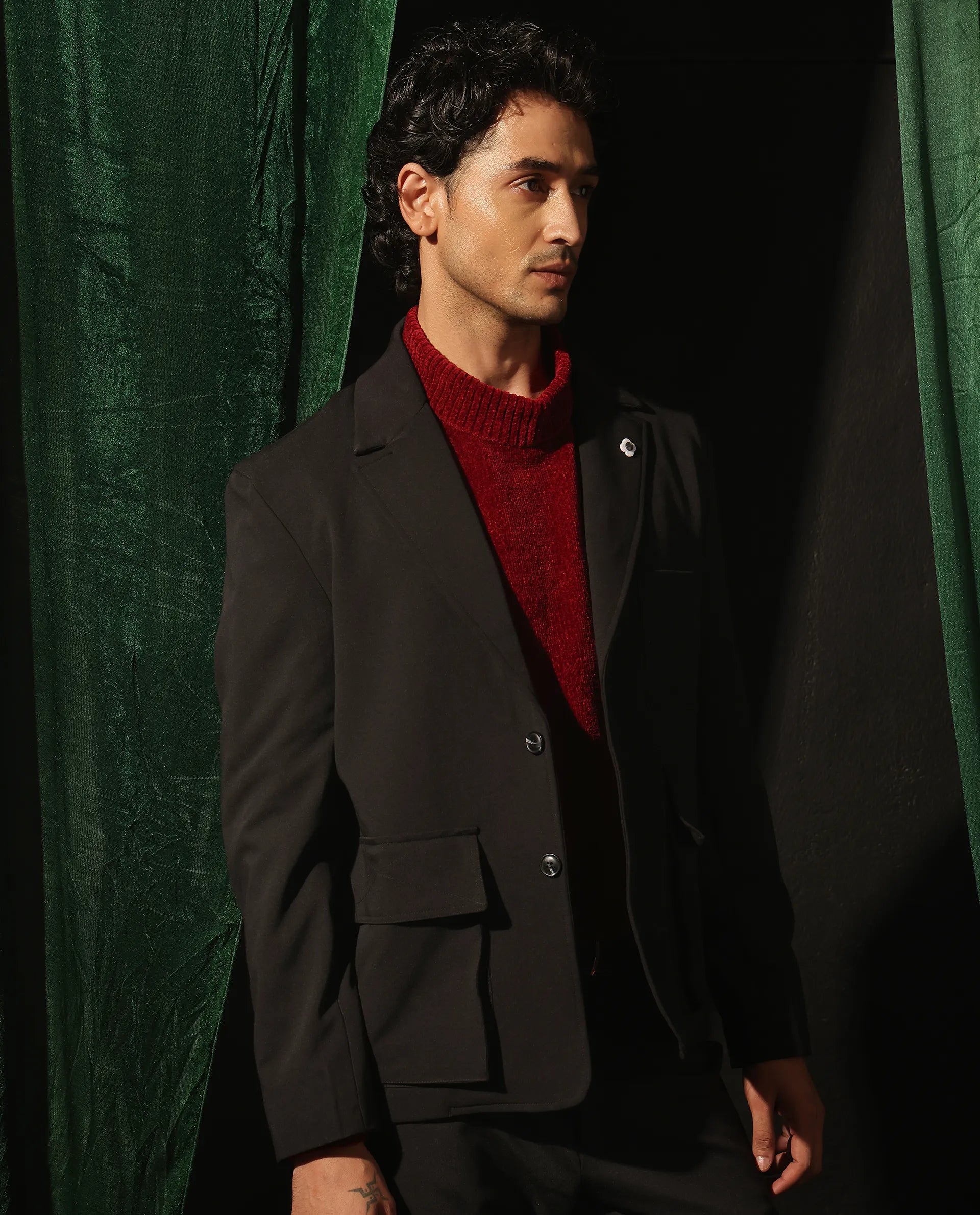 Rare Rabbit Men Zalfo Black Polyester Lycra Fabric Full Sleeve Lapel Collar Button Closure Solid Blazer Jacket