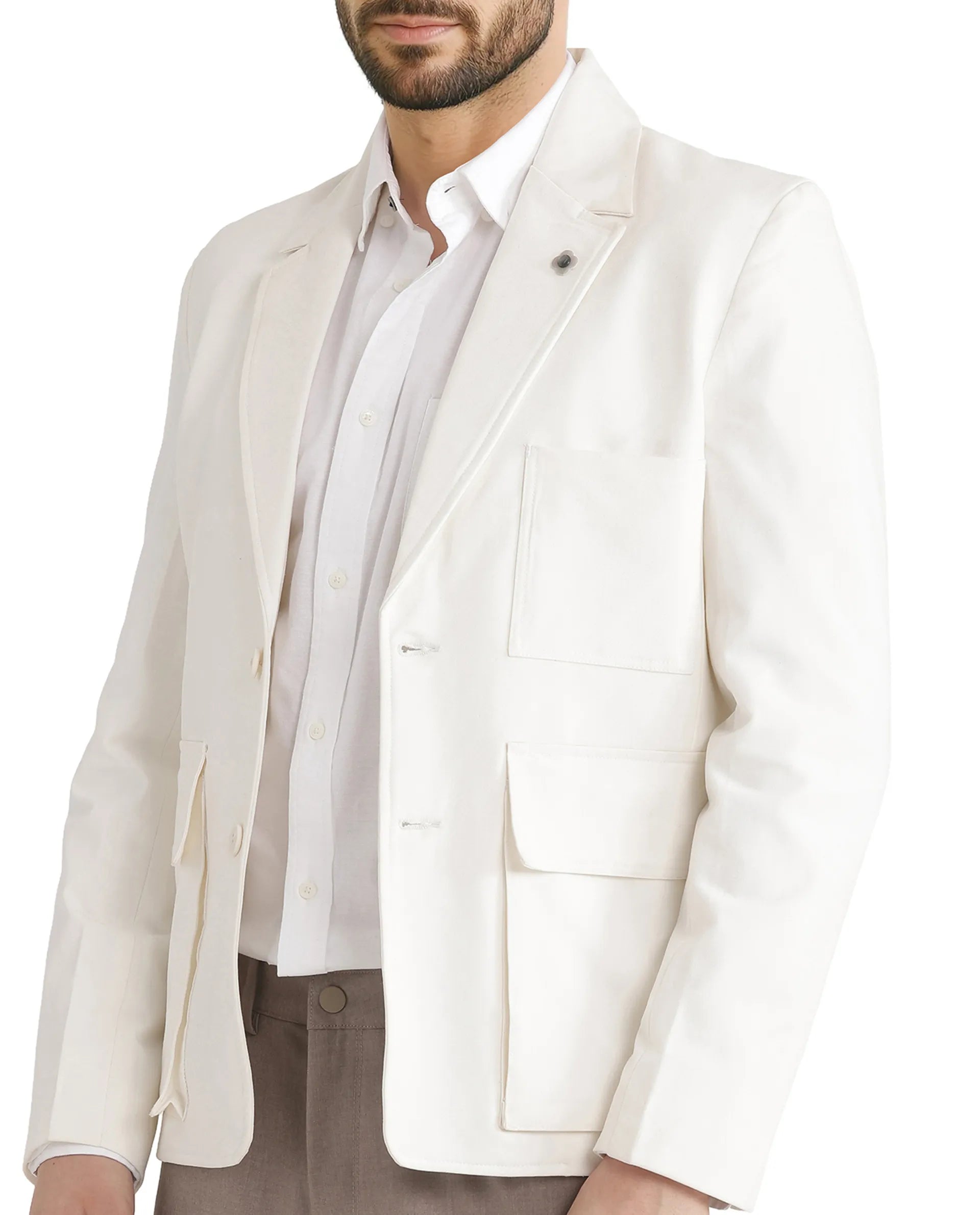 Rare Rabbit Men Zalfo Off White Polyester Lycra Fabric Full Sleeve Lapel Collar Button Closure Solid Blazer Jacket