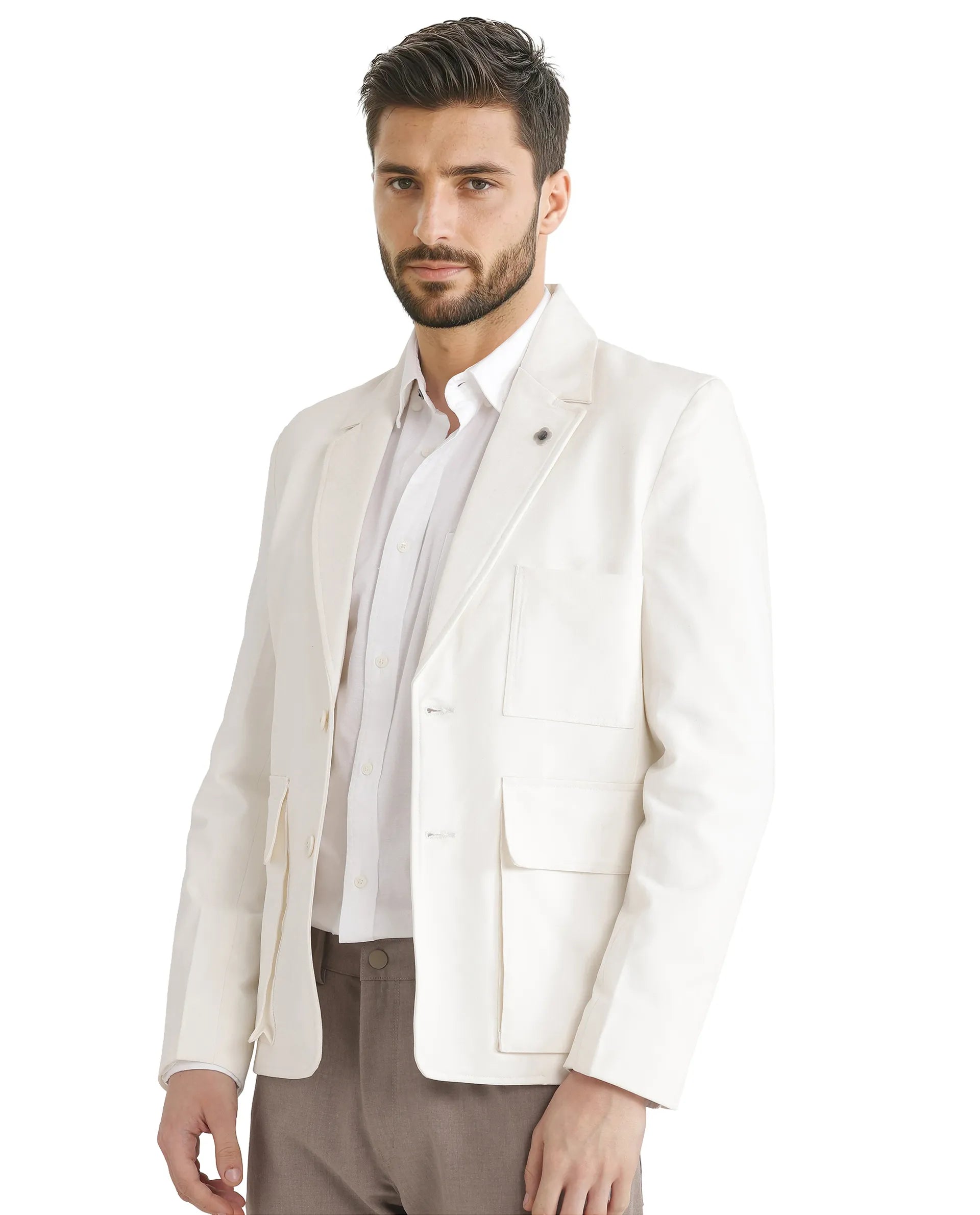 Rare Rabbit Men Zalfo Off White Polyester Lycra Fabric Full Sleeve Lapel Collar Button Closure Solid Blazer Jacket