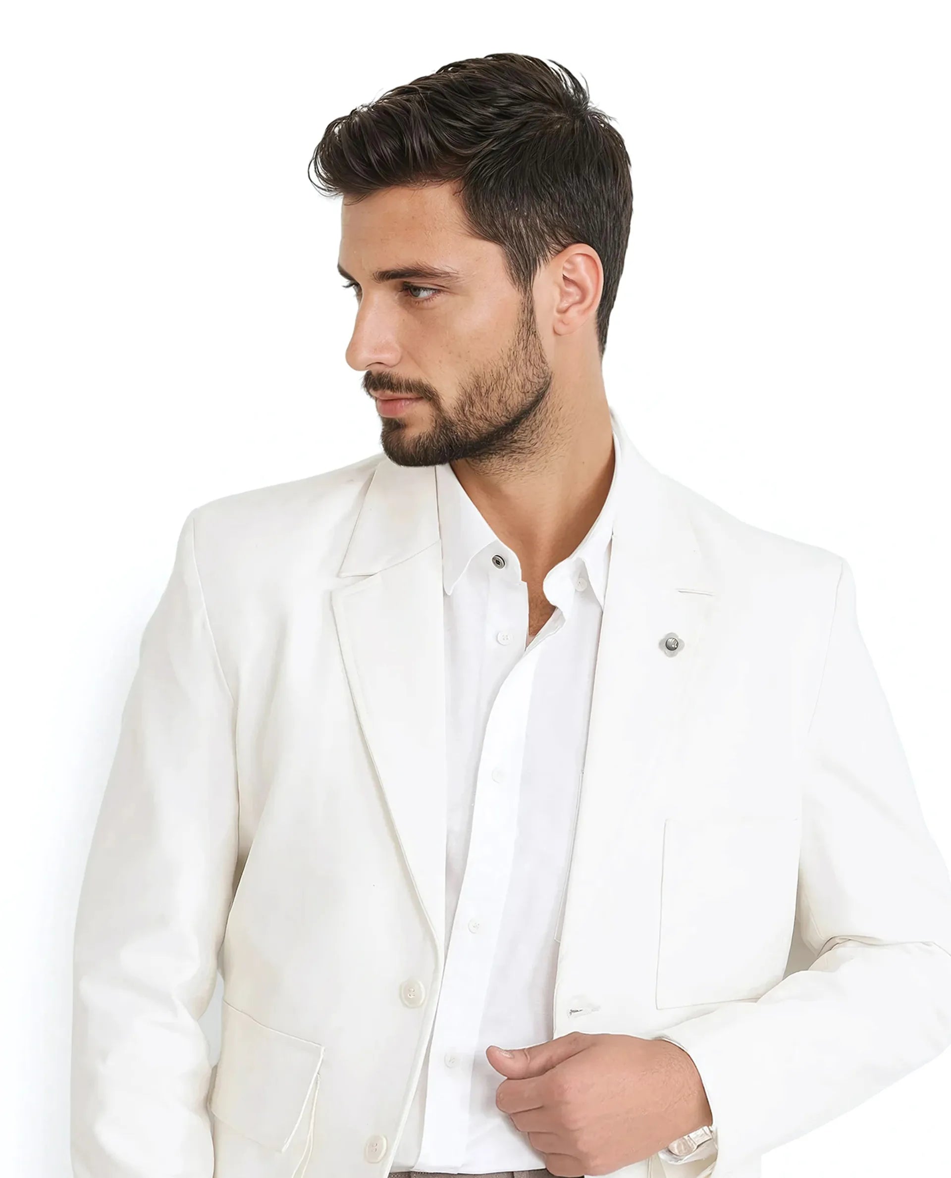 Rare Rabbit Men Zalfo Off White Polyester Lycra Fabric Full Sleeve Lapel Collar Button Closure Solid Blazer Jacket