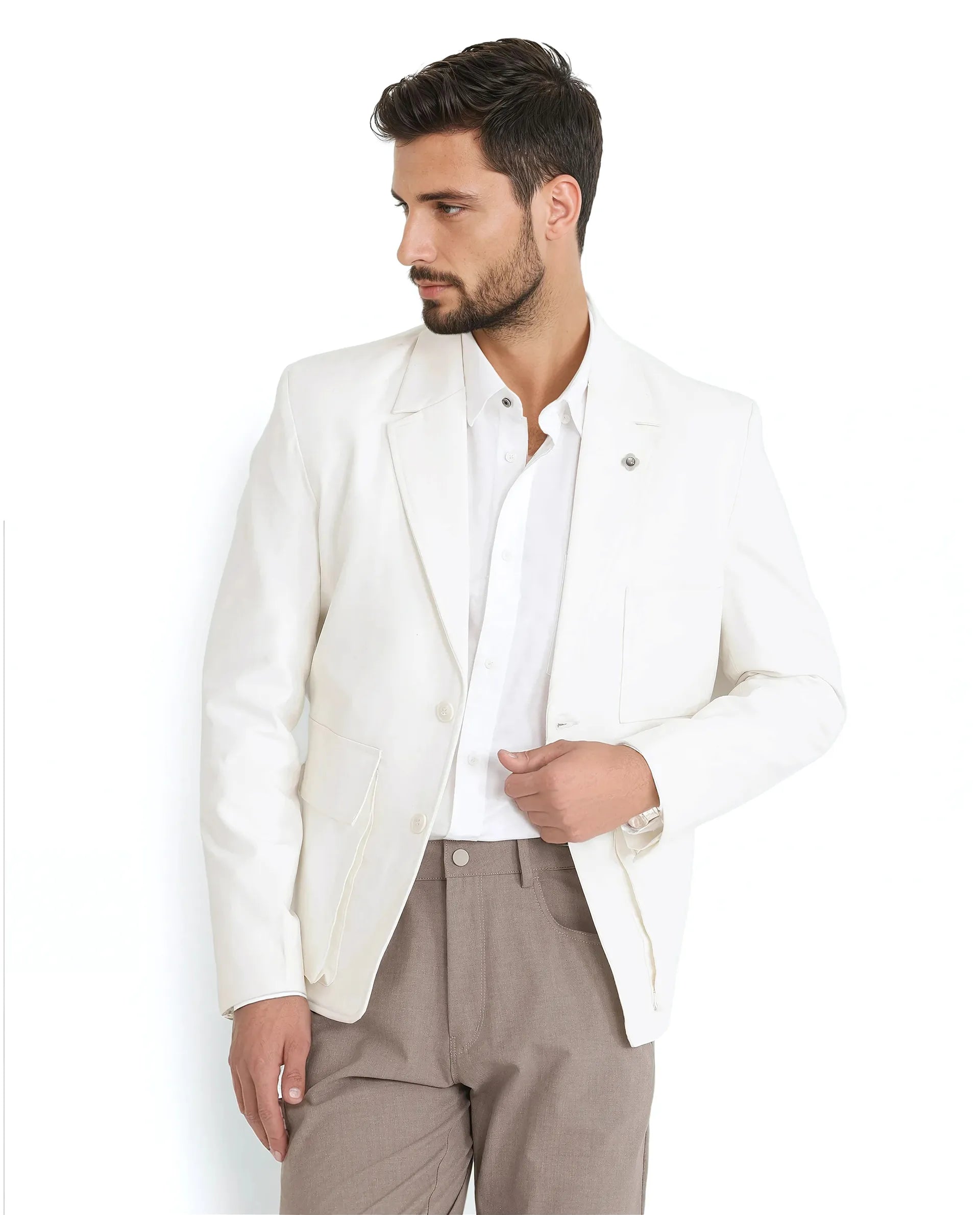 Rare Rabbit Men Zalfo Off White Polyester Lycra Fabric Full Sleeve Lapel Collar Button Closure Solid Blazer Jacket